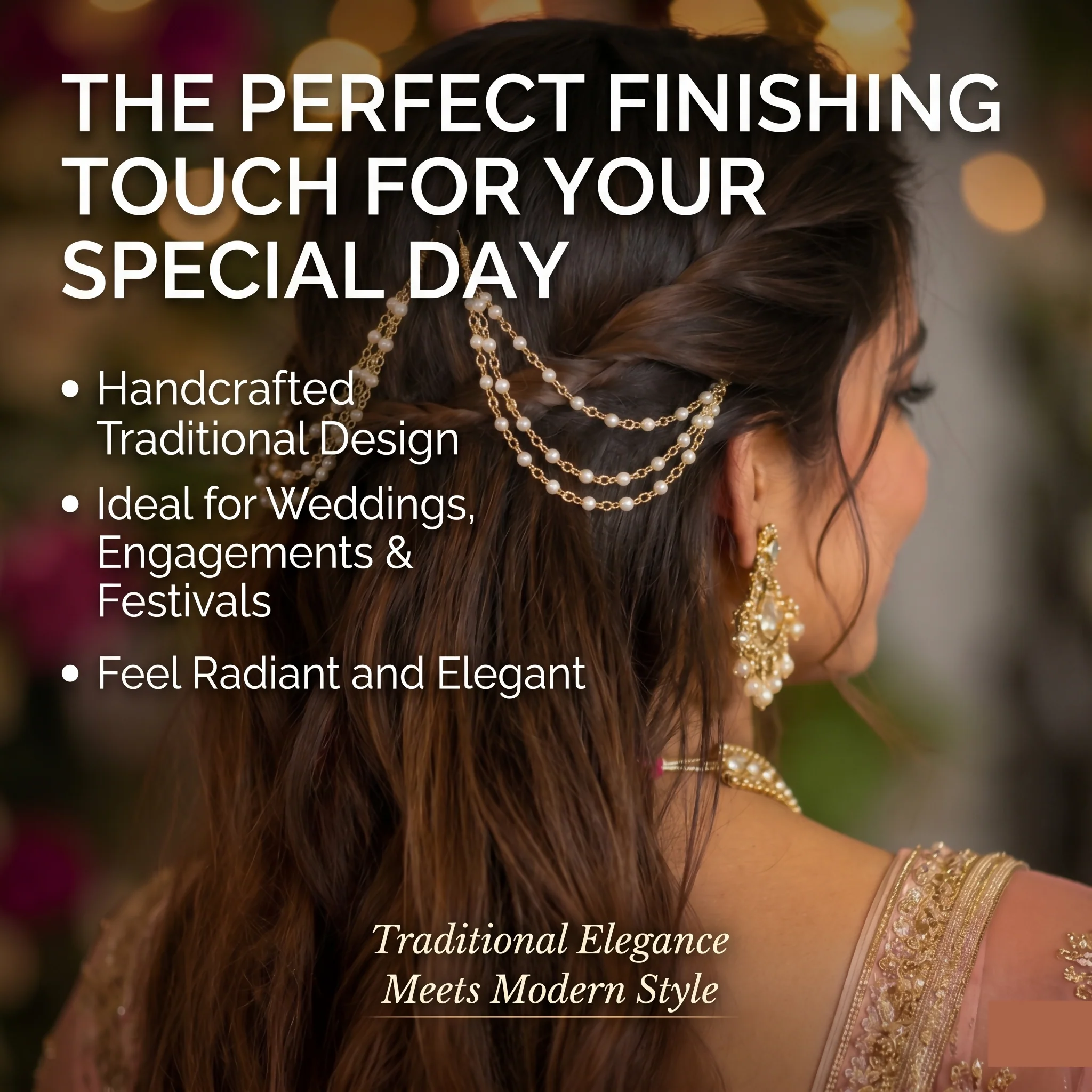 Pearl Hair Chain Accessory With Gold Tone Bridal Hair Decoration For Women - Image 3