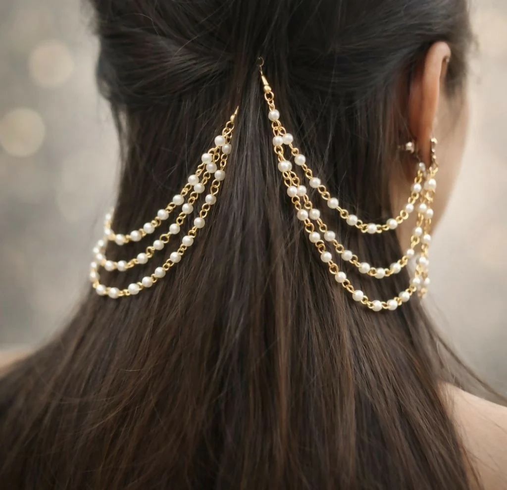 Pearl Hair Chain Accessory With Gold Tone Bridal Hair Decoration For Women - Image 4
