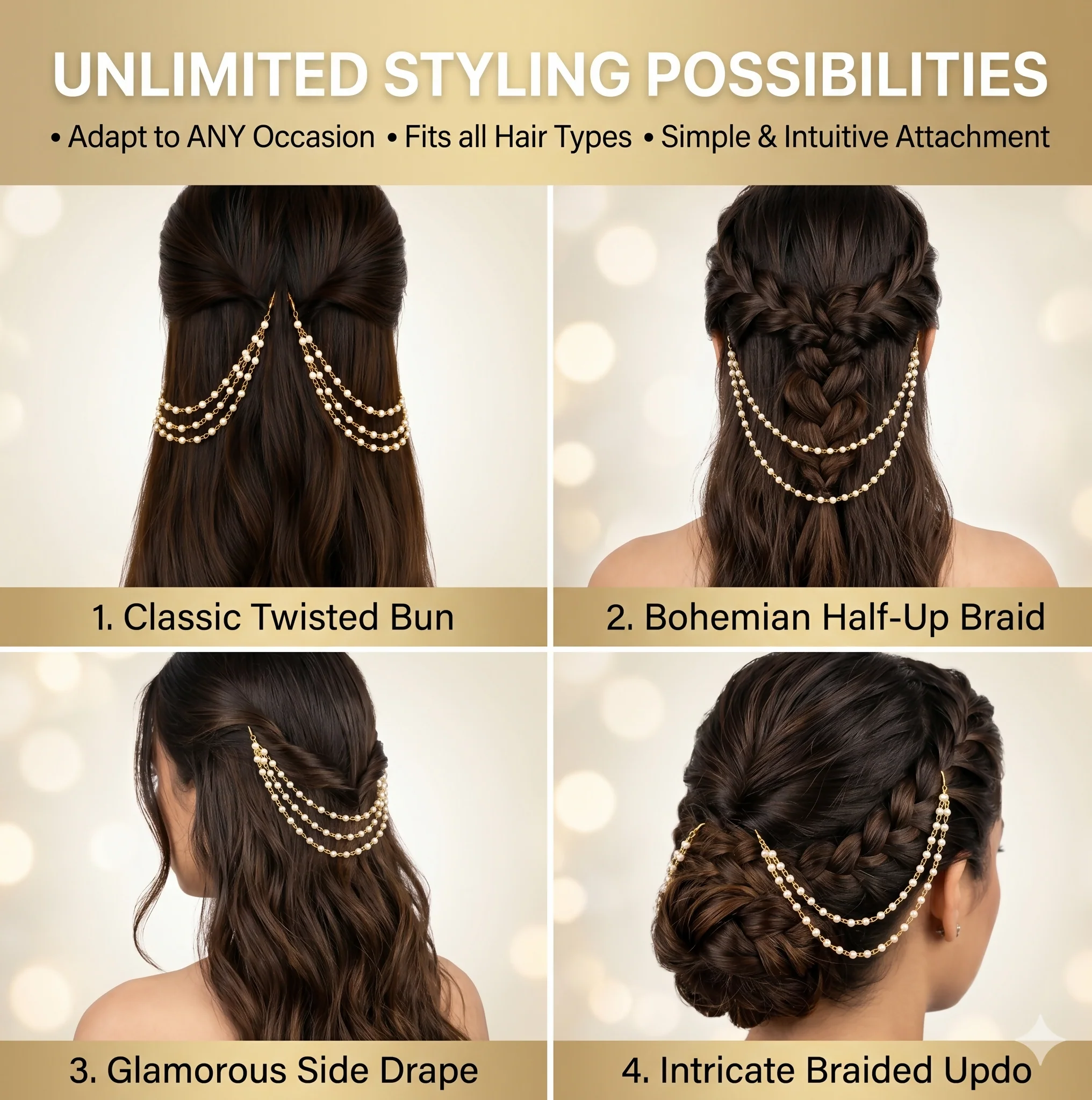 Pearl Hair Chain Accessory With Gold Tone Bridal Hair Decoration For Women - Image 6