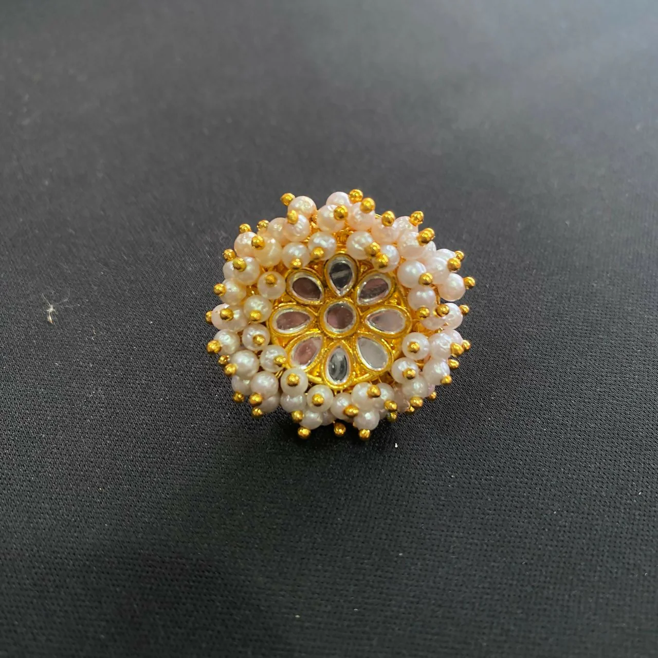 Pearl Kundan Floral Statement Ring – Elegant Gold Plated Finish - Image 4