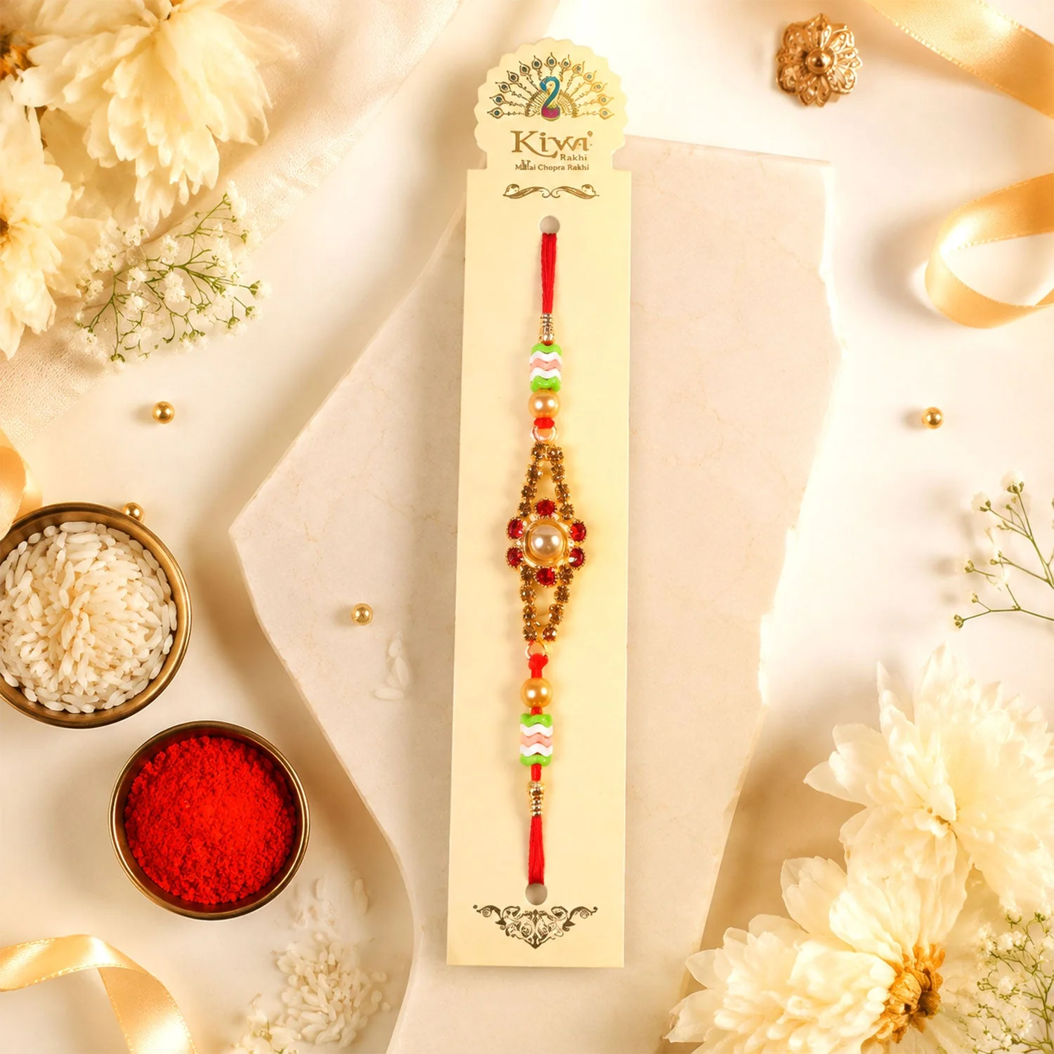 Premium Pearl Stone Designer Rakhi for Brother with Decorative Beads - Image 3