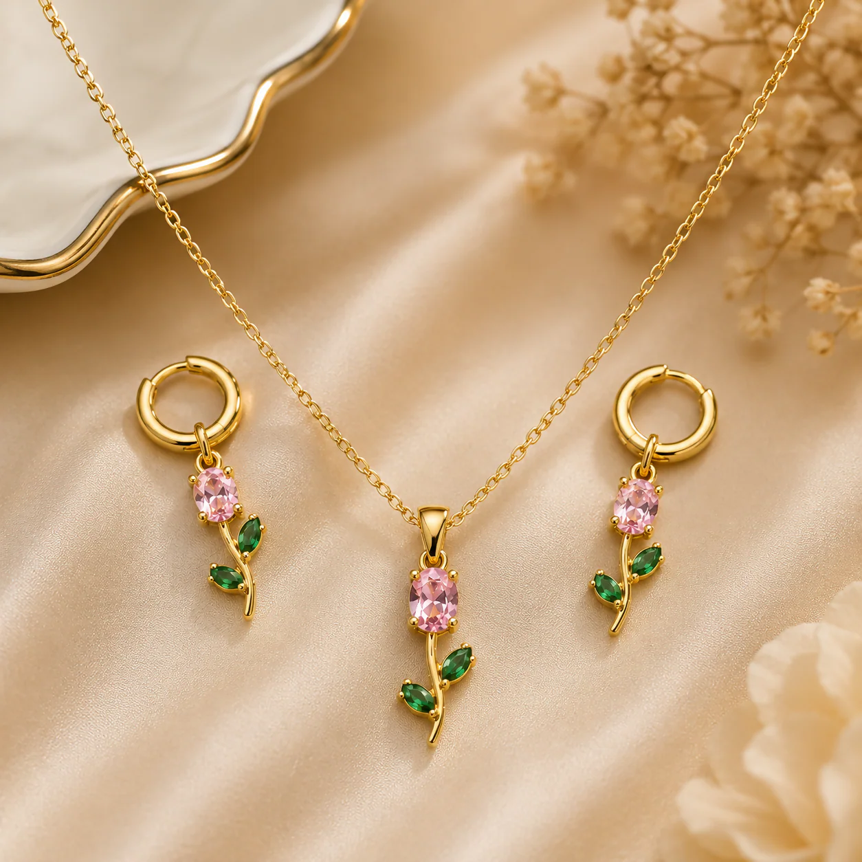 Pink Crystal Necklace Set – Floral Pendant Earrings for Women - Image 2