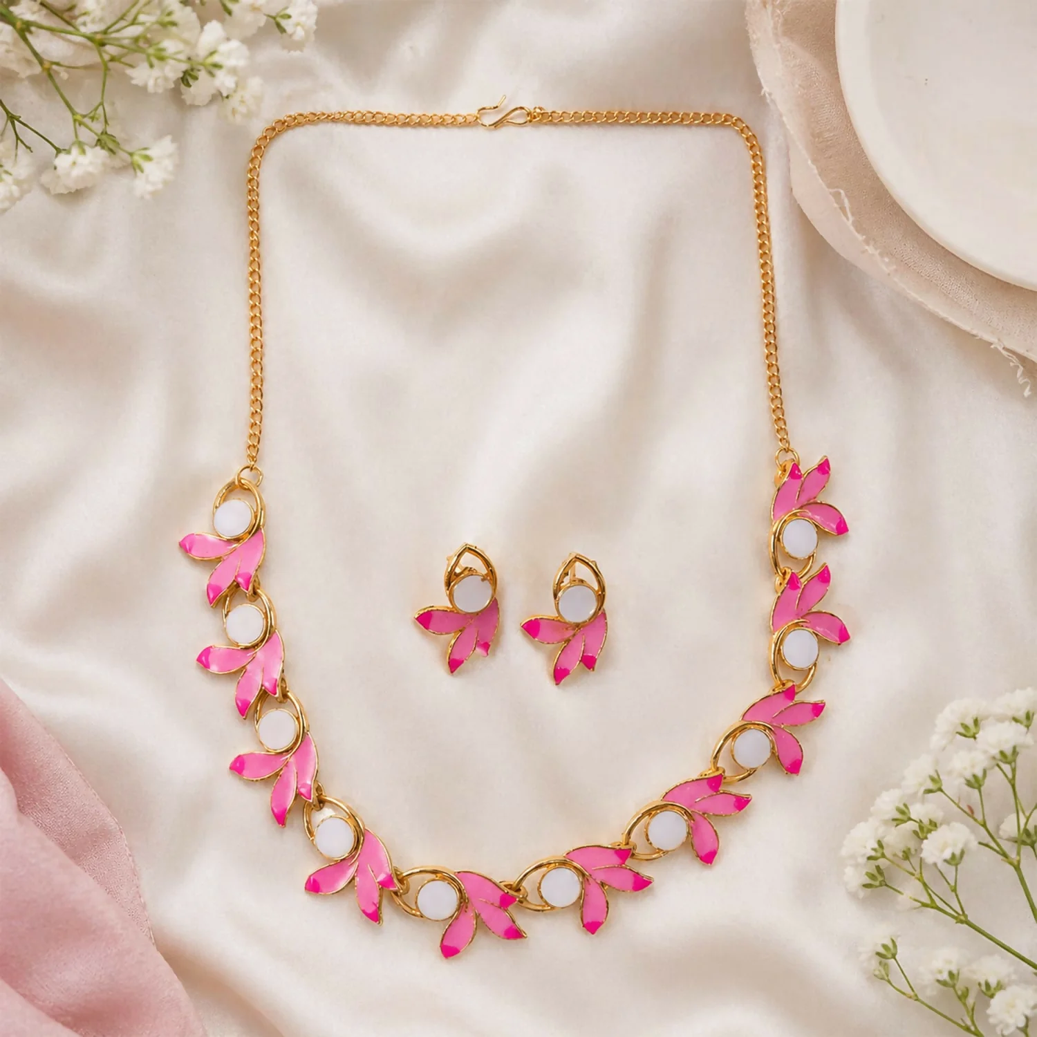 Pink Floral Necklace – Gold-Plated with White Stones & Earring Set - Image 3