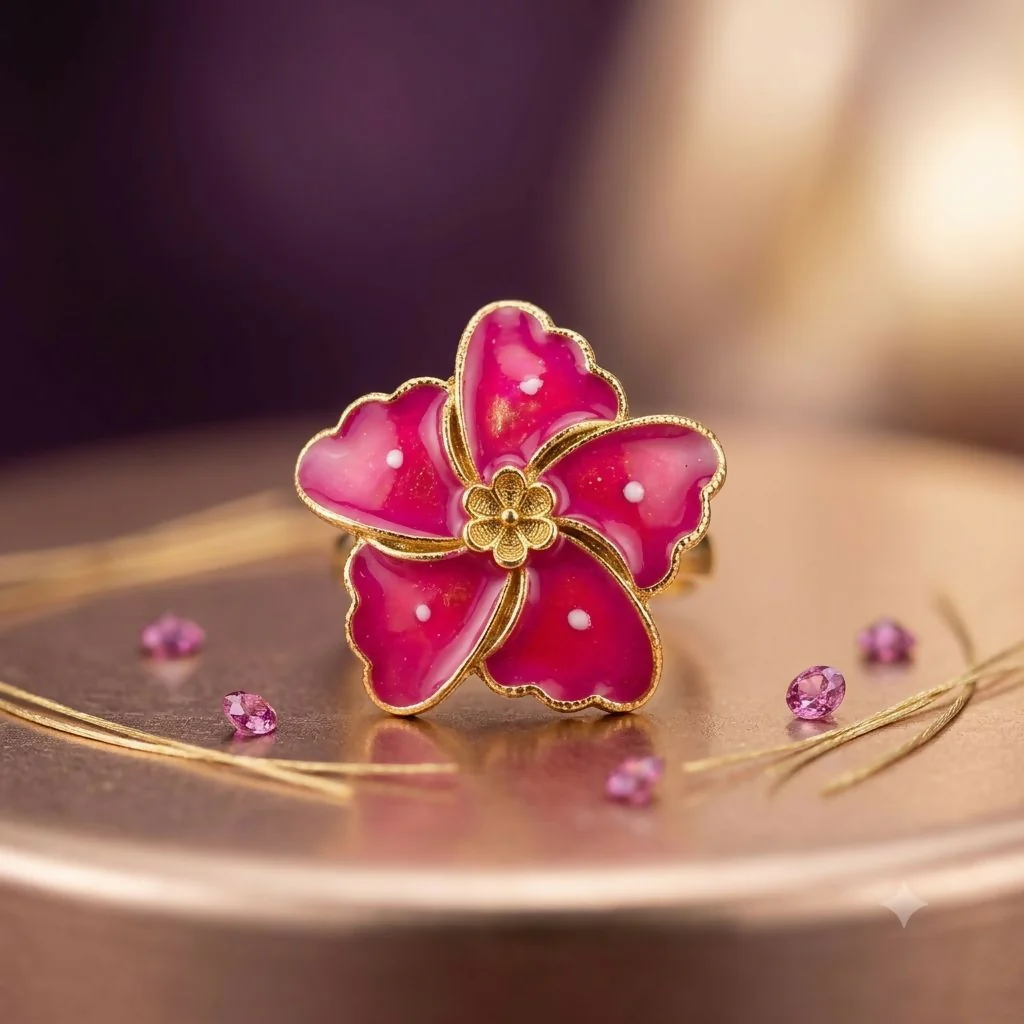 Pink Floral Statement Ring – Adjustable Gold-Tone Fashion Jewelry