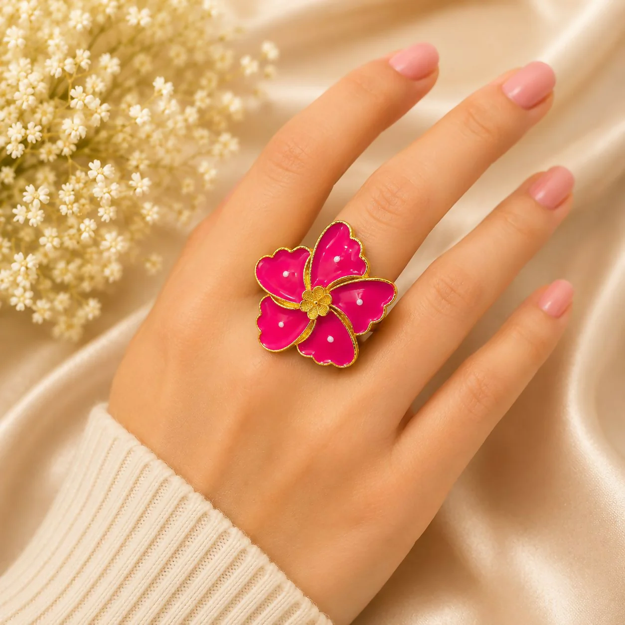 Pink Floral Statement Ring – Adjustable Gold-Tone Fashion Jewelry - Image 2