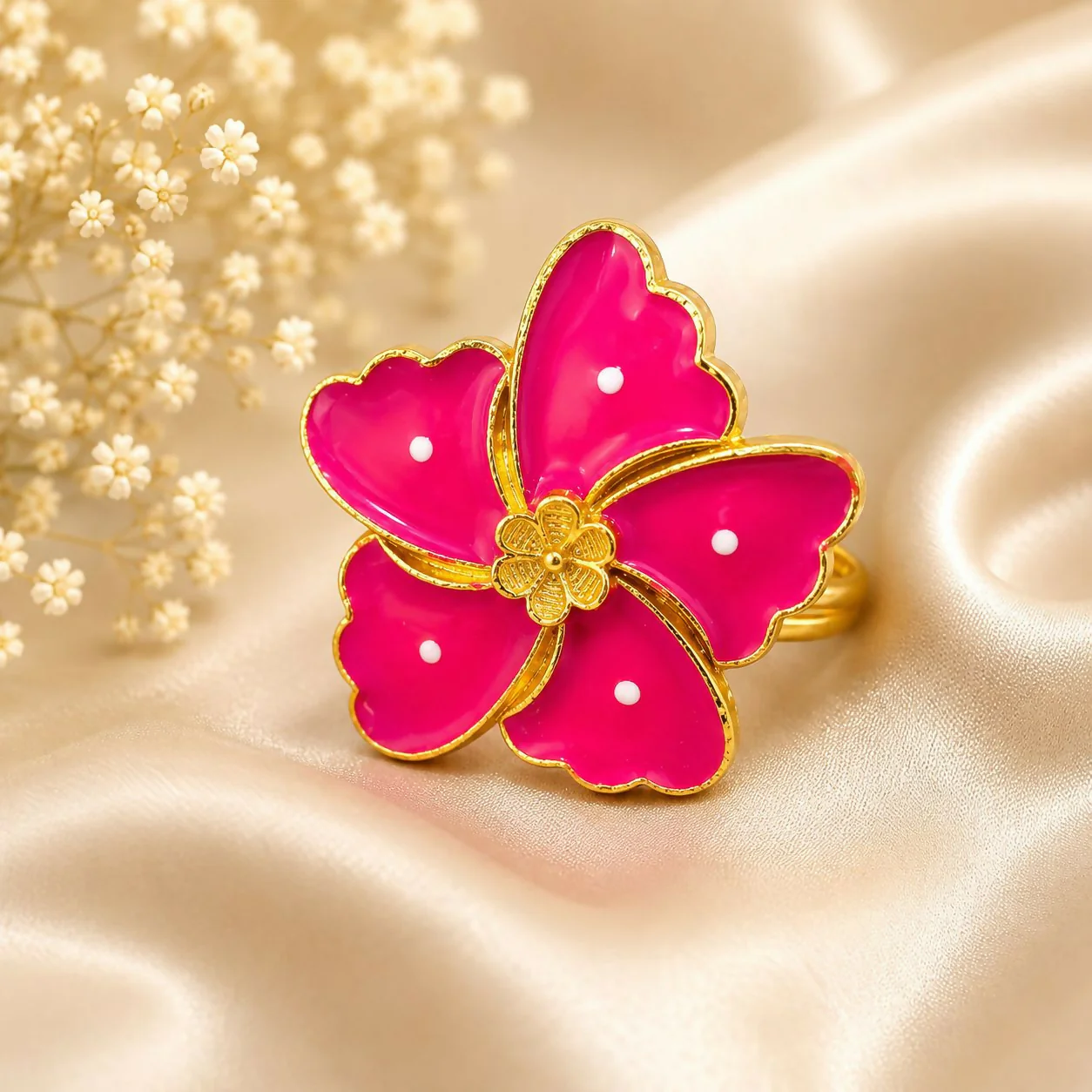 Pink Floral Statement Ring – Adjustable Gold-Tone Fashion Jewelry - Image 3