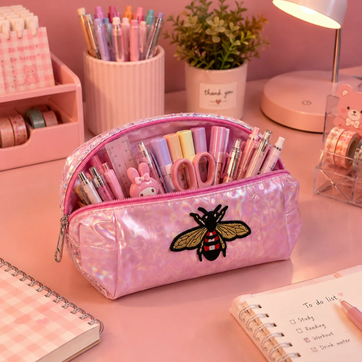 Pink Multipurpose Makeup & Stationery Organizer Pouch – Stylish & Spacious - Image 2