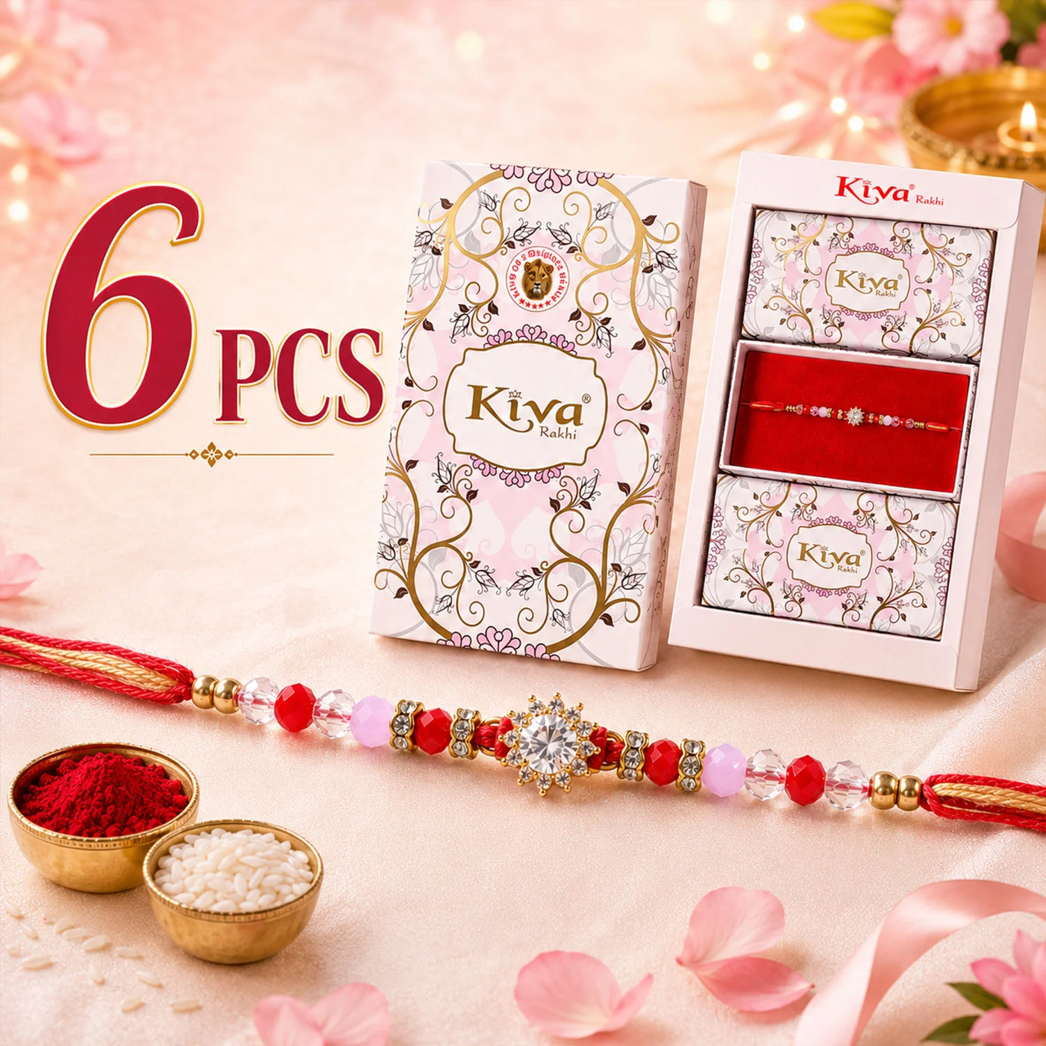 Pink & Red Crystal Sunflower AD Stone Designer Rakhi for Brother Gift - Image 2