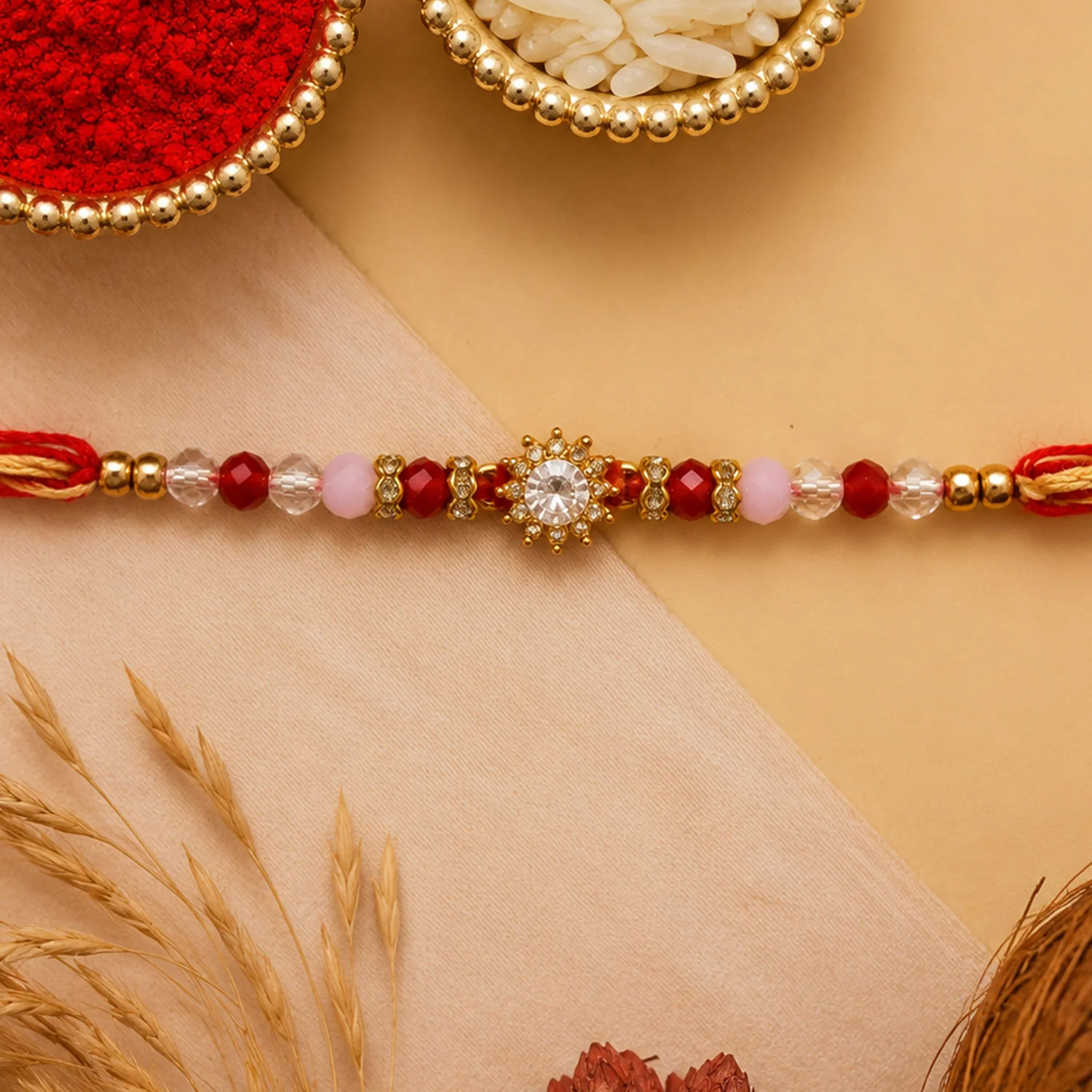 Pink & Red Crystal Sunflower AD Stone Designer Rakhi for Brother Gift - Image 4