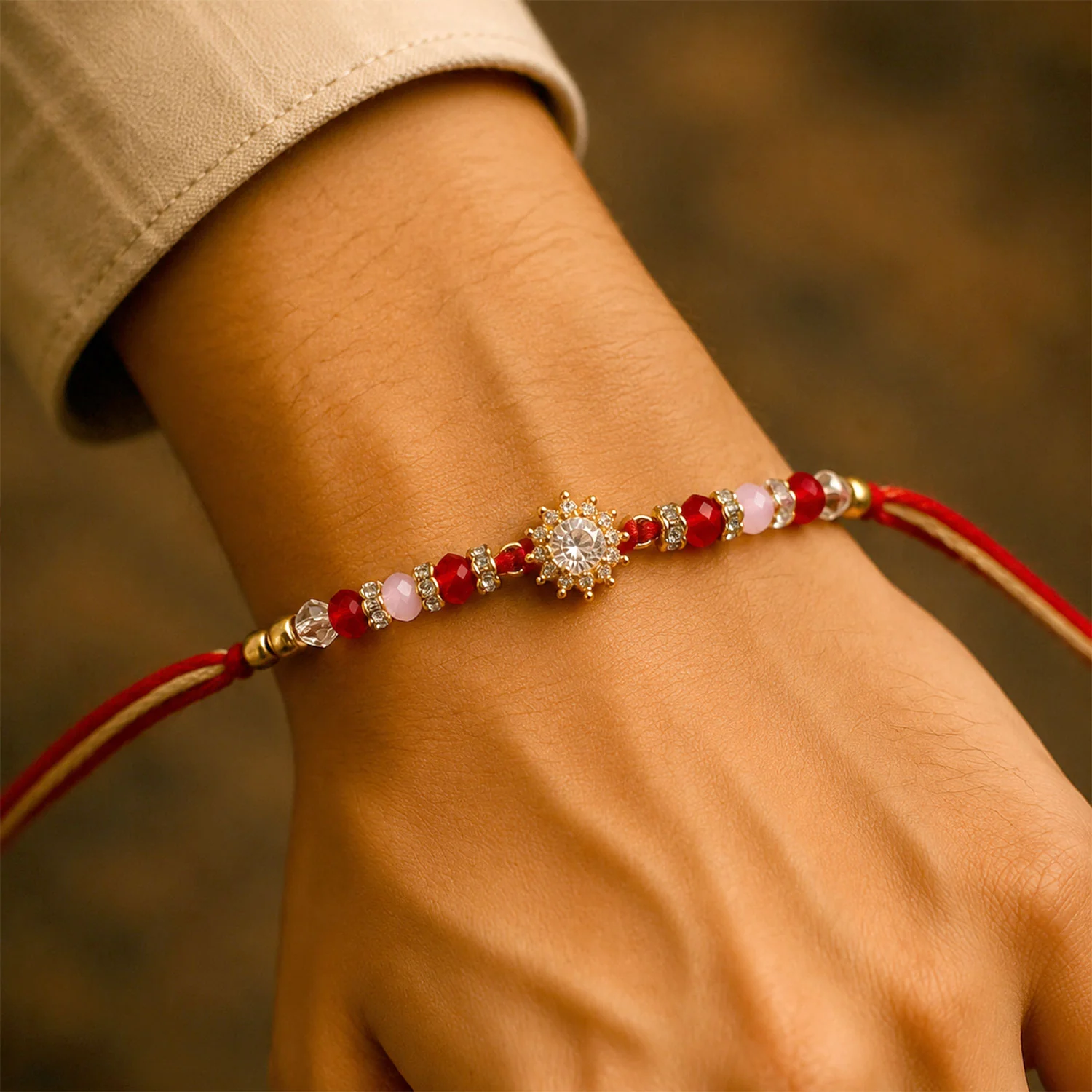 Pink & Red Crystal Sunflower AD Stone Designer Rakhi for Brother Gift - Image 6