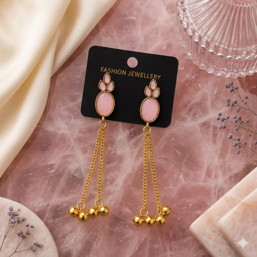 Pink Stone Earrings – Elegant Long Tassel Jewelry for Women - Image 3