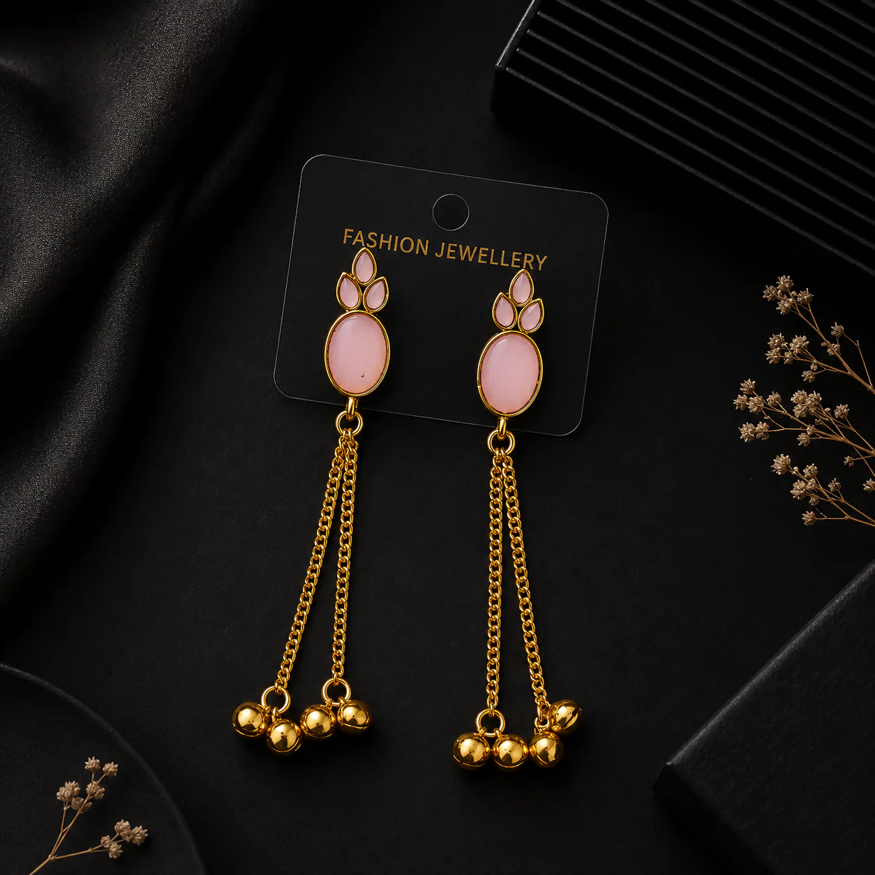 Pink Stone Earrings – Elegant Long Tassel Jewelry for Women - Image 4