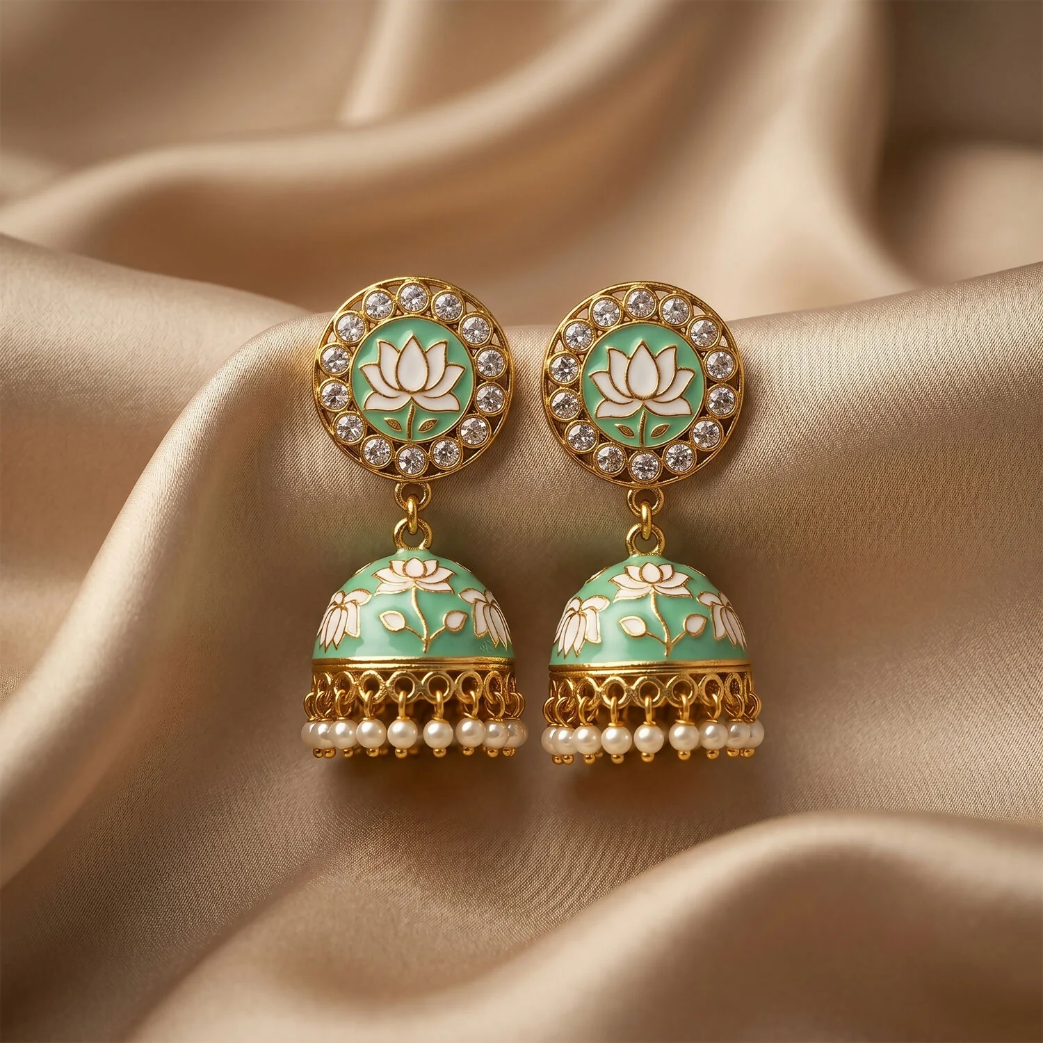 Pista Lotus Design Jhumka Earrings – Gold Tone with Pearls for Festive Looks - Image 5