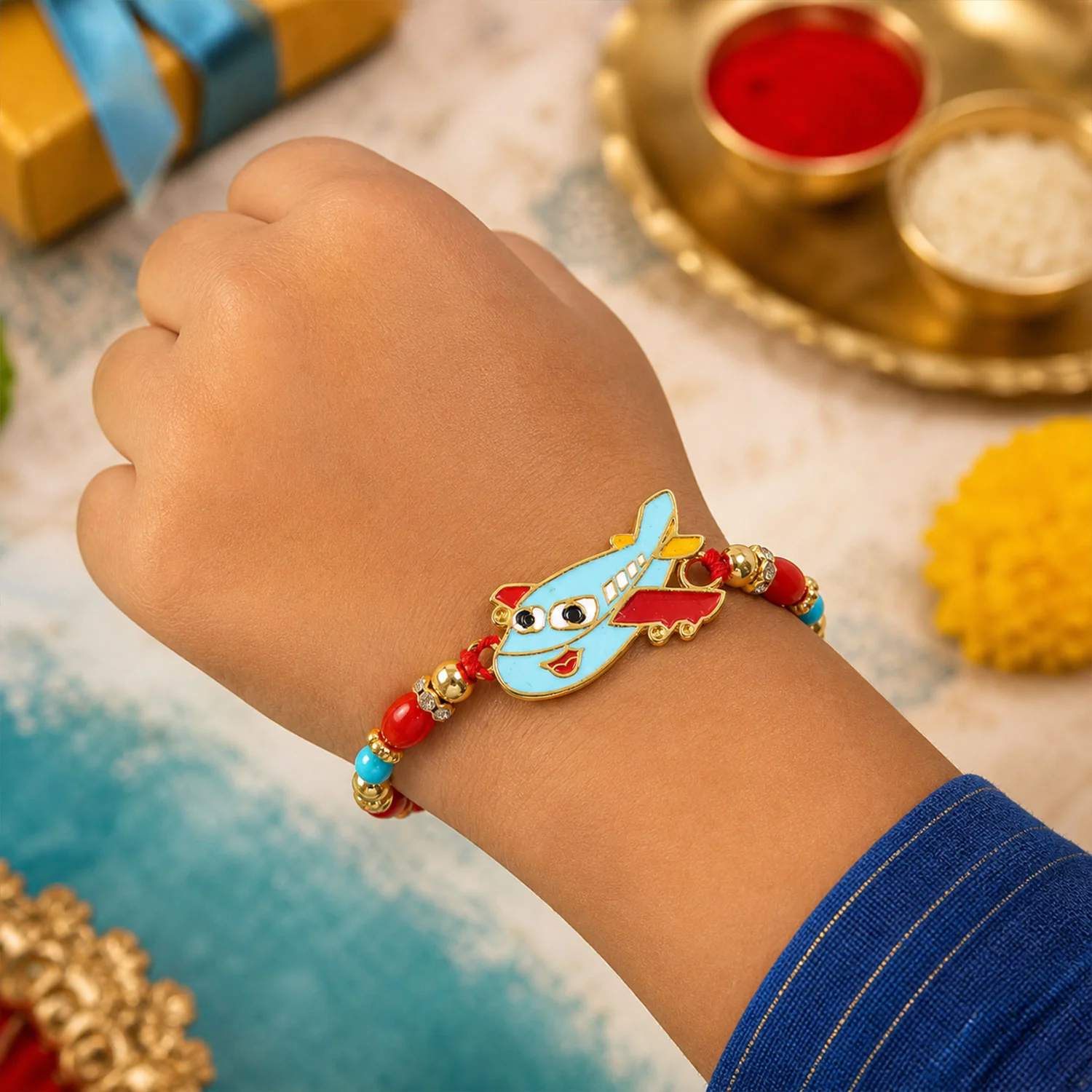 Kids Rakhi – Playful Airplane Design Multicolor Beads - Image 2