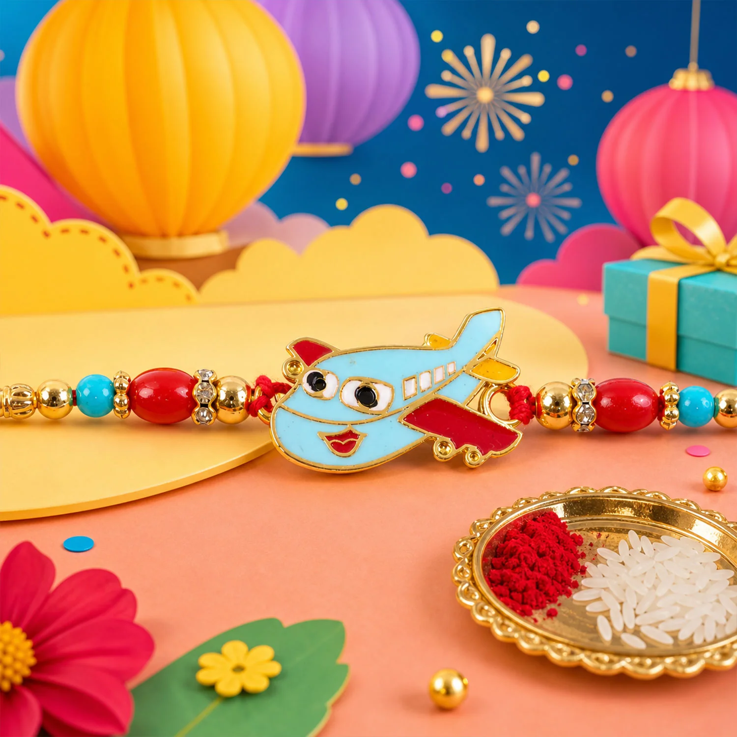 Kids Rakhi – Playful Airplane Design Multicolor Beads - Image 3