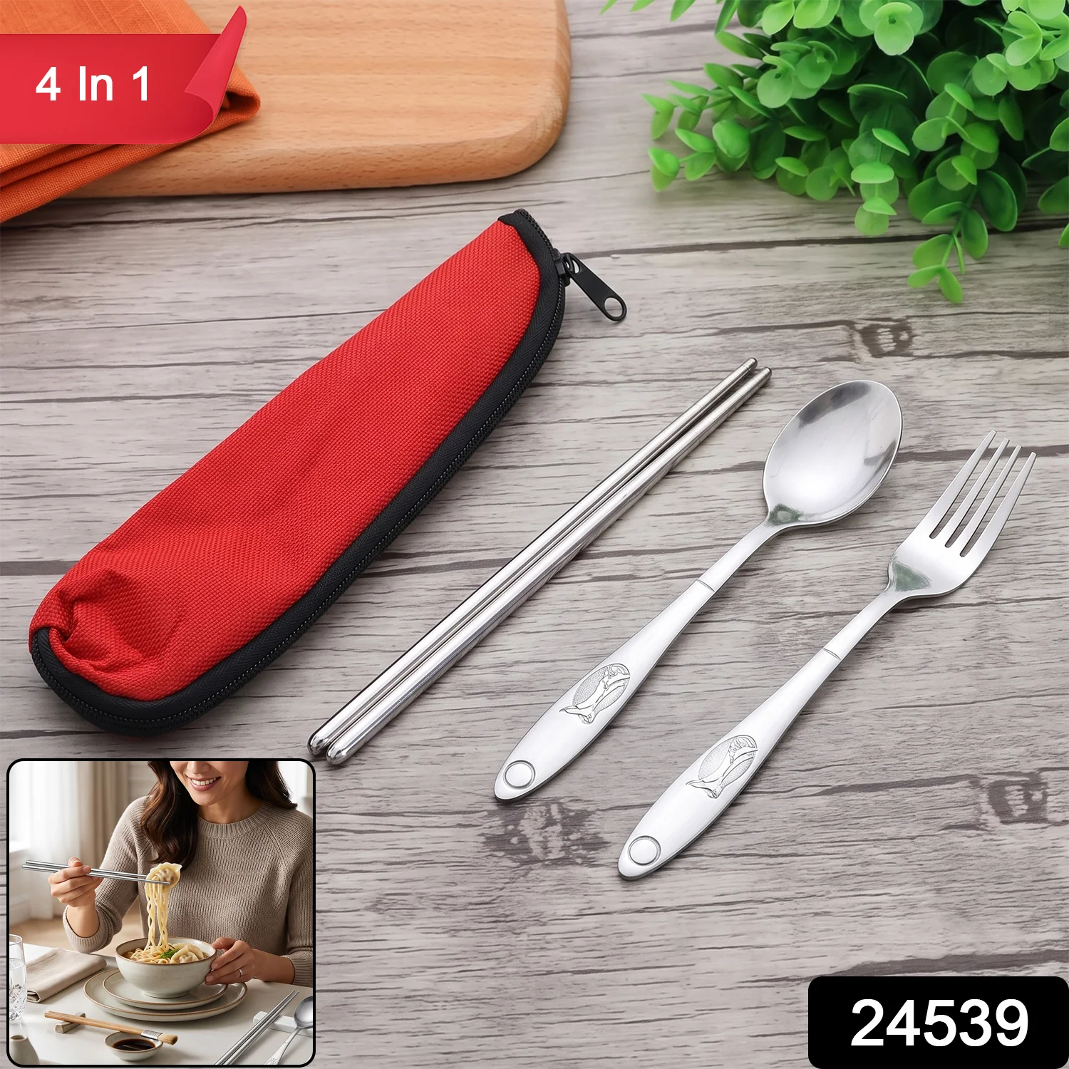 Portable Stainless Steel Cutlery Set Spoon Fork Chopsticks with Pouch (4 Pc Set) - Image 2