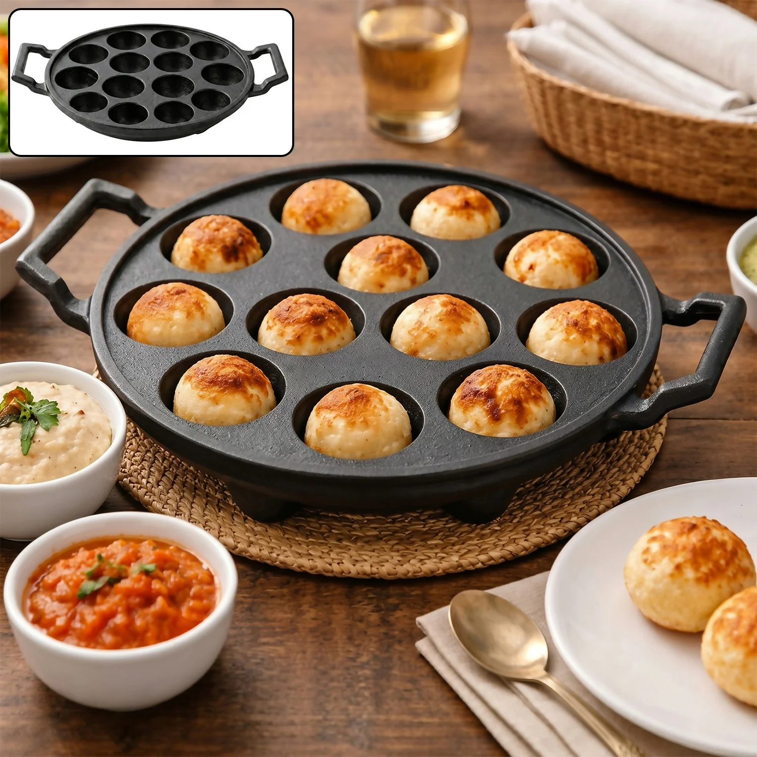 Cast Iron Paniyaram Pan – 12 Cavities for Traditional Snacks