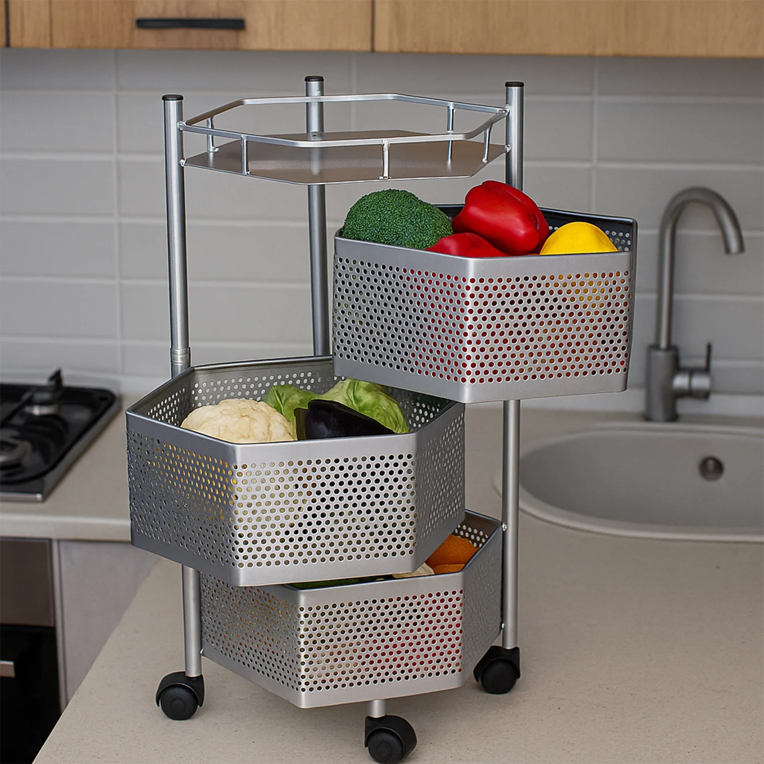 Kitchen Storage Trolley – Premium 3-Layer Hexagon Metal Organizer with Wheels - Image 3