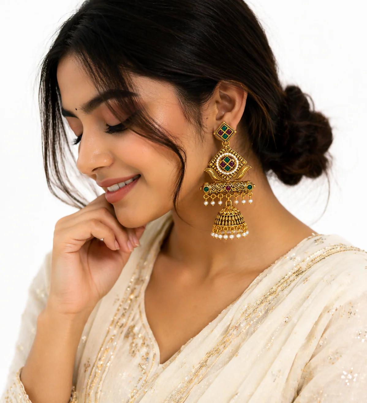 Antique Gold Jhumka Earrings – Heritage Design with Vibrant Stones - Image 3