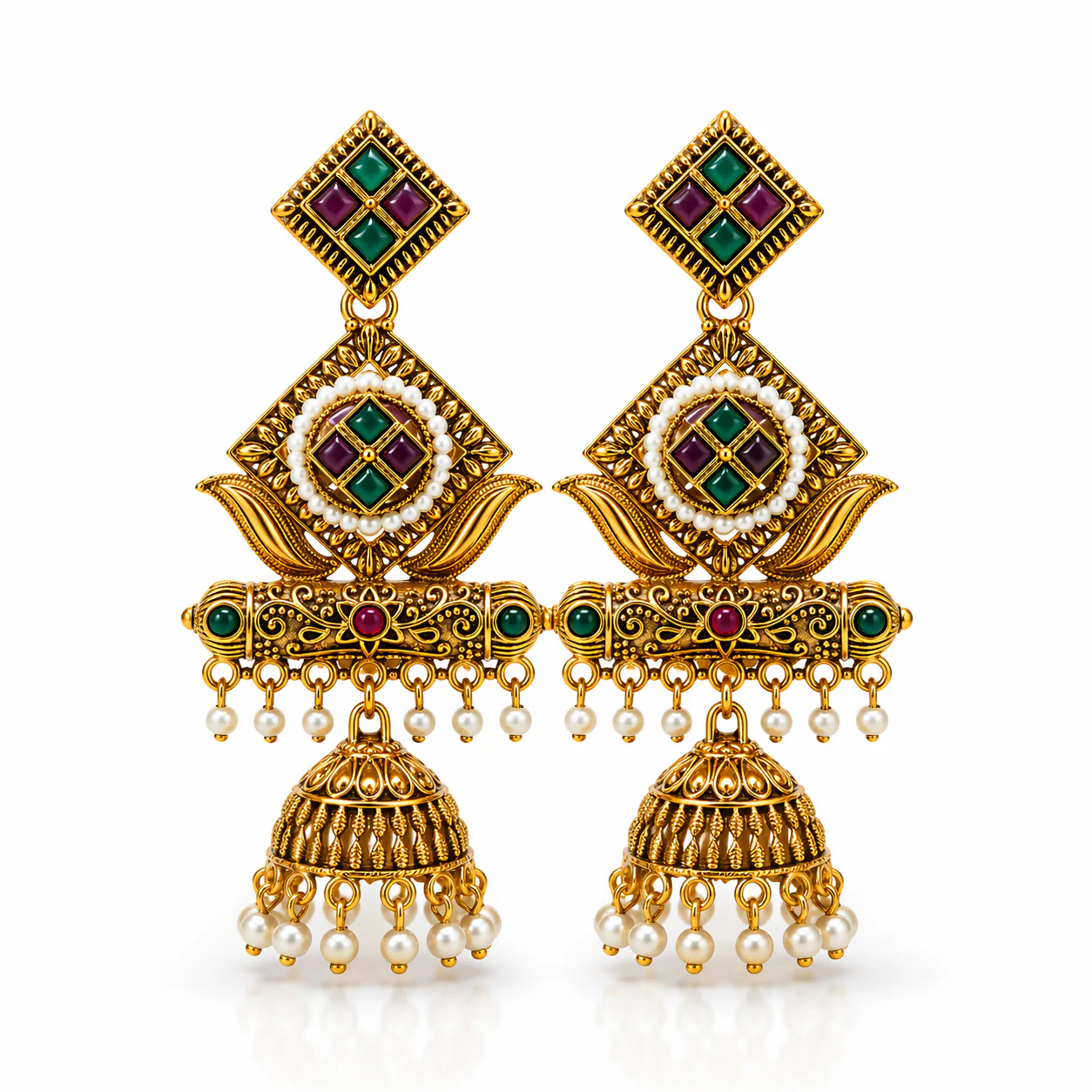 Antique Gold Jhumka Earrings – Heritage Design with Vibrant Stones - Image 4