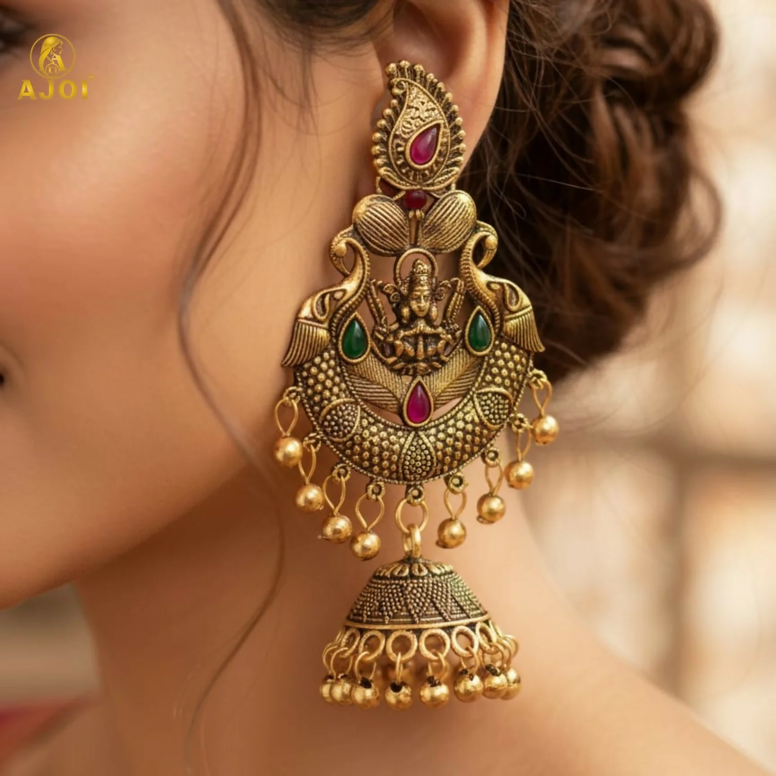 Temple Jhumka Earrings – Antique Gold Plated with Lakshmi Motif - Image 2