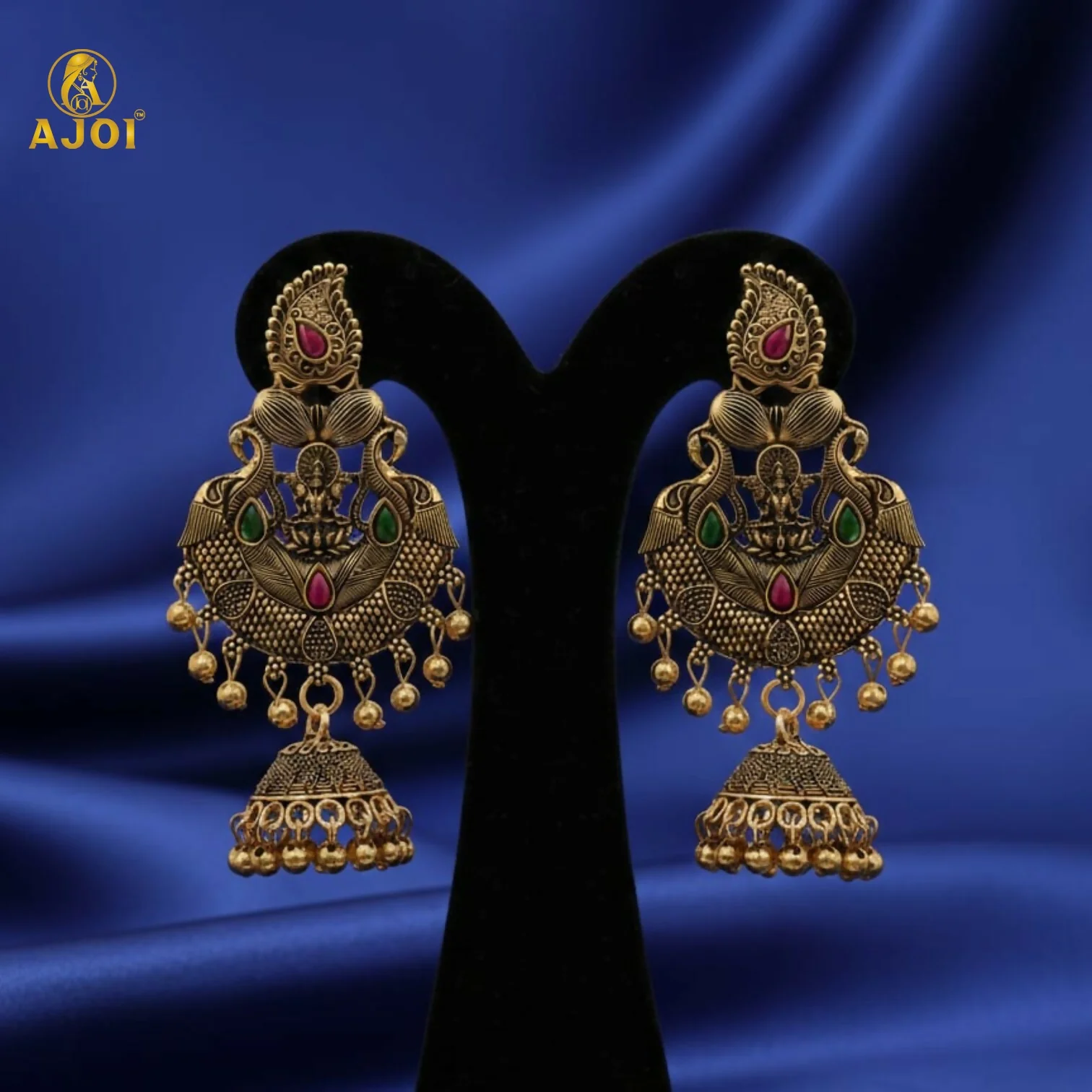 Temple Jhumka Earrings – Antique Gold Plated with Lakshmi Motif - Image 3
