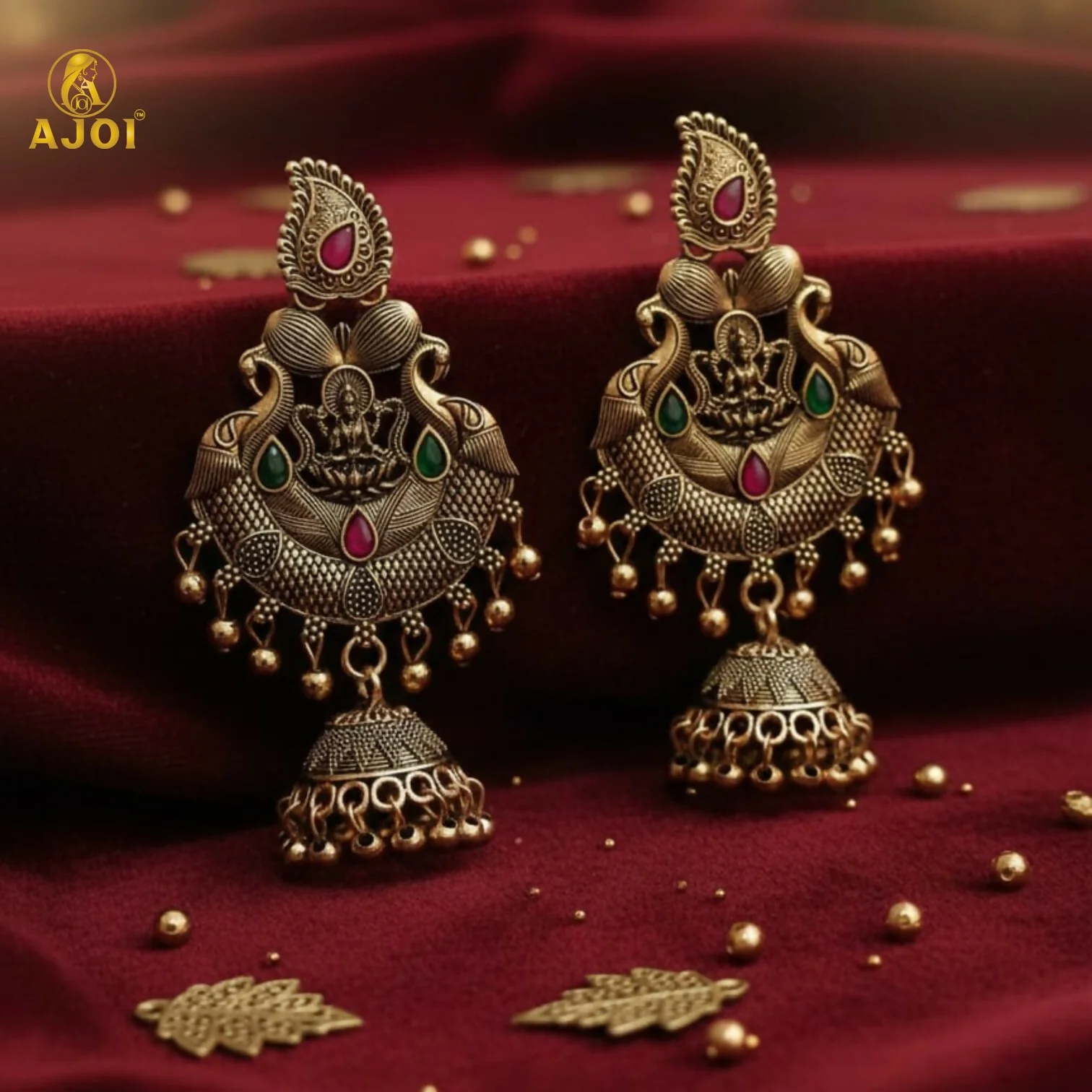 Temple Jhumka Earrings – Antique Gold Plated with Lakshmi Motif - Image 4