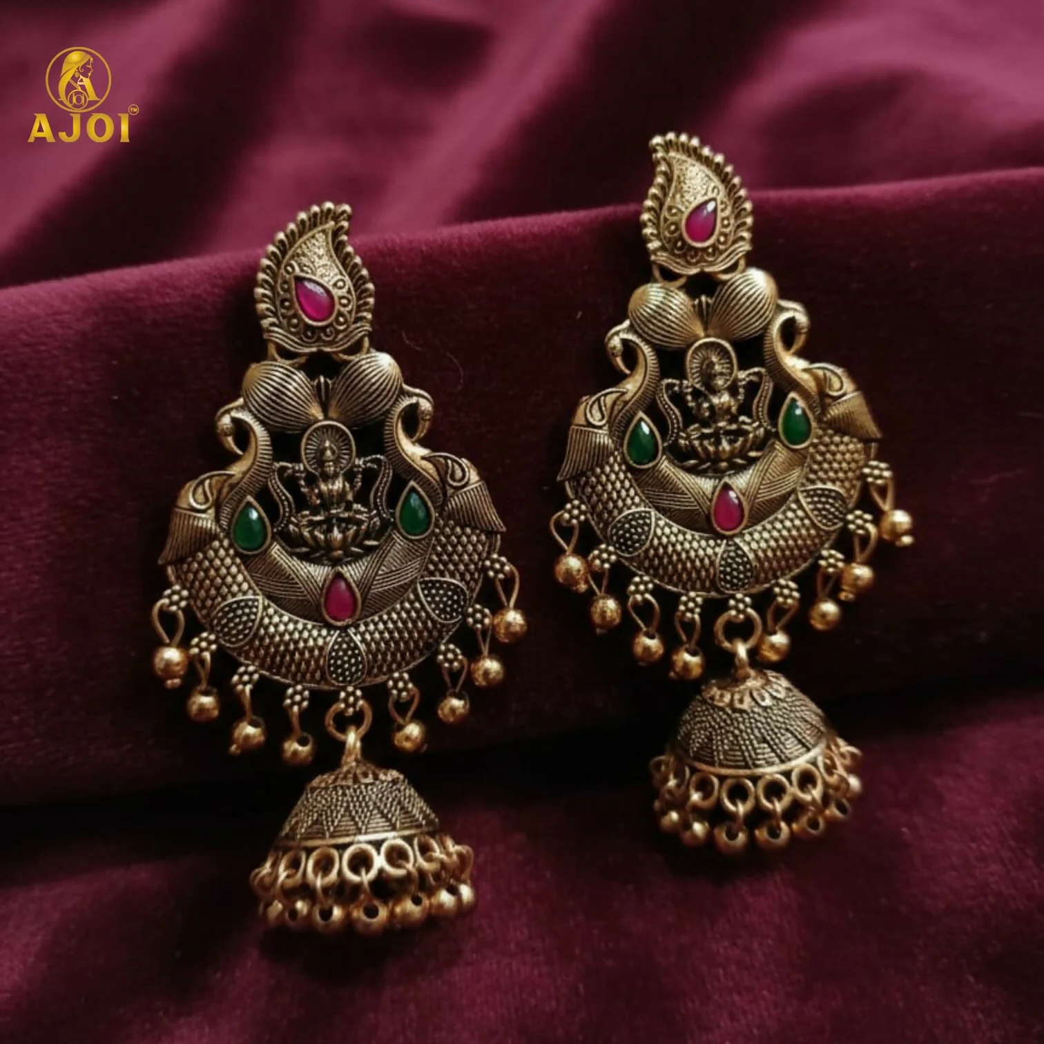 Temple Jhumka Earrings – Antique Gold Plated with Lakshmi Motif - Image 5