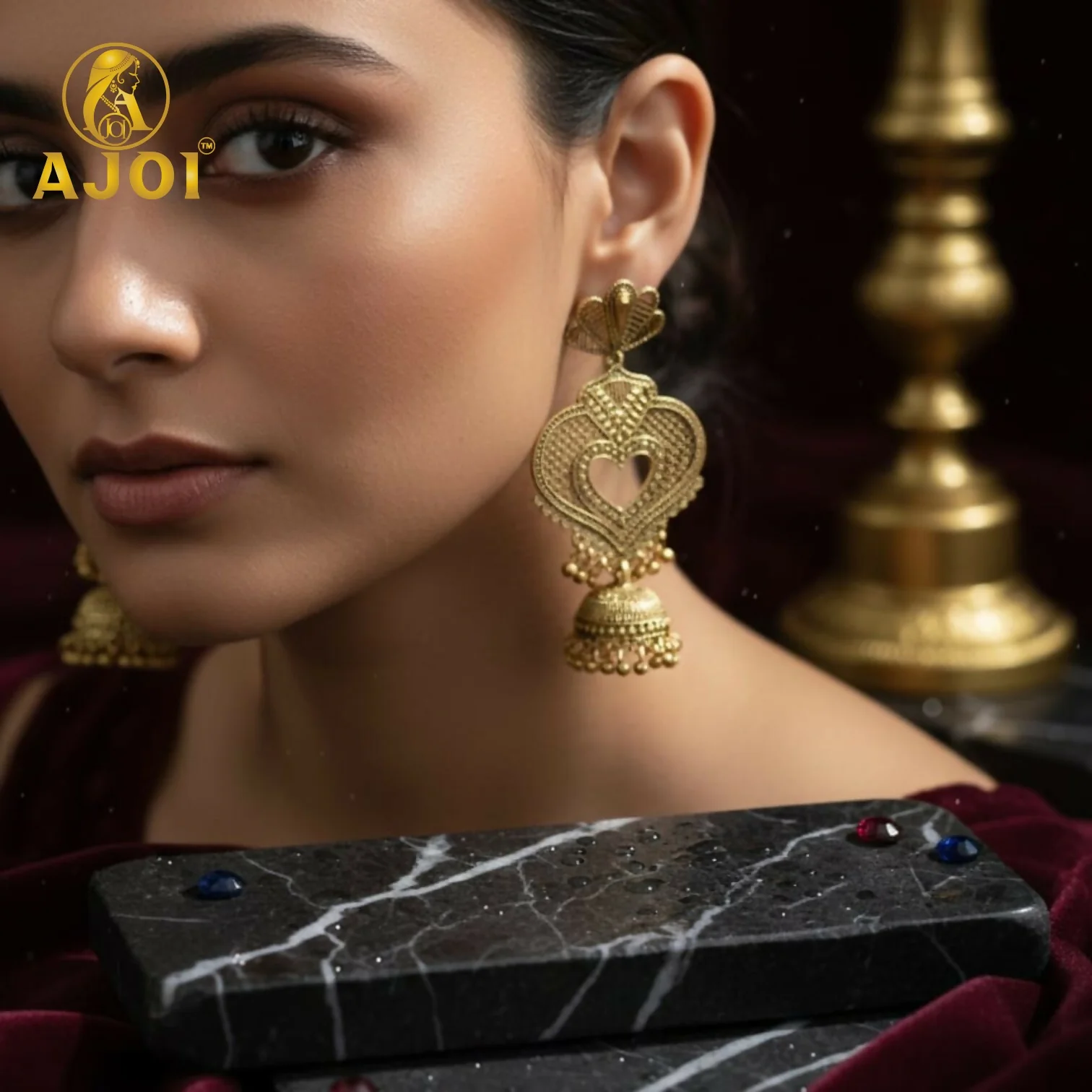 Antique Heart Jhumka Earrings – Premium Gold-Tone Elegant Design - Image 2