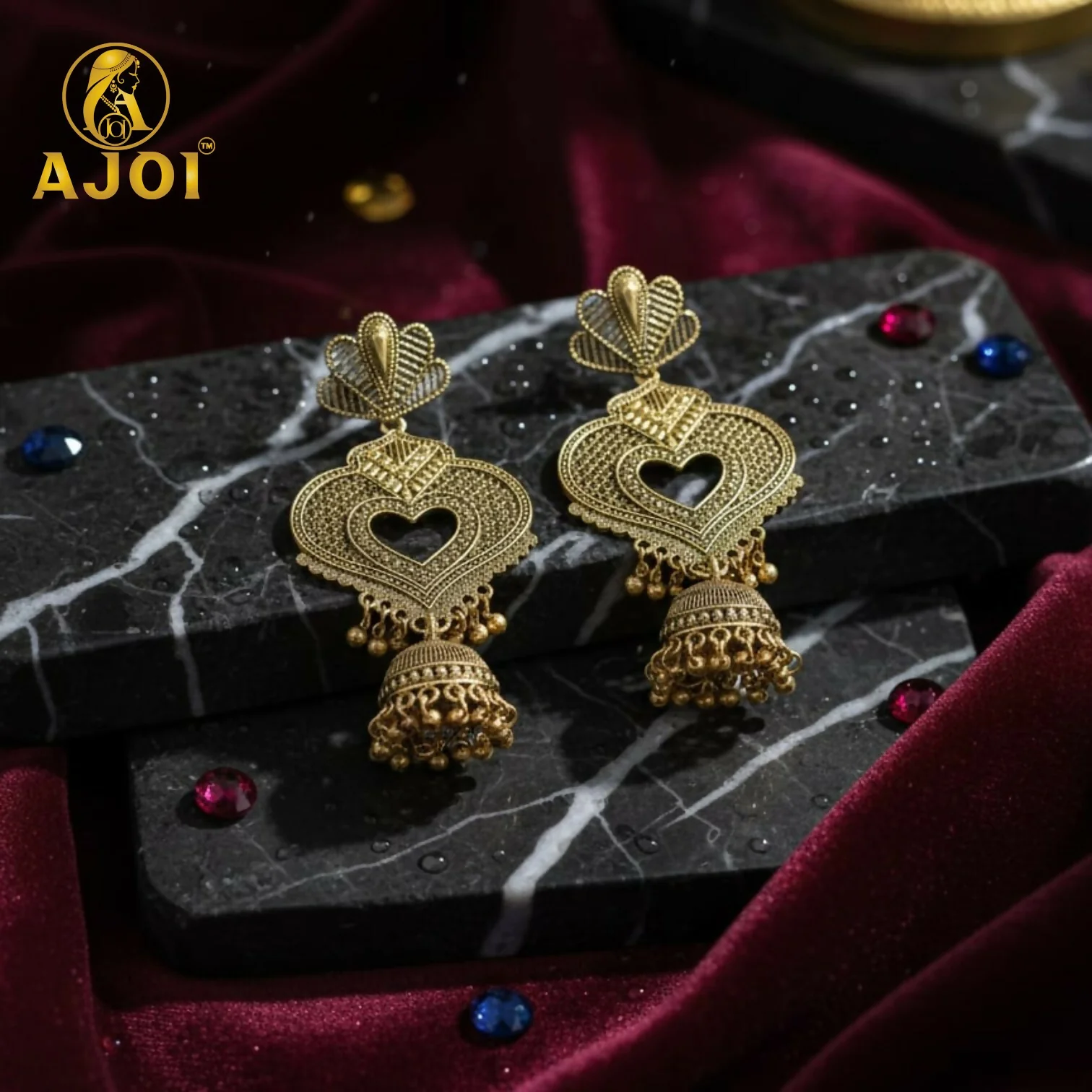 Antique Heart Jhumka Earrings – Premium Gold-Tone Elegant Design - Image 3