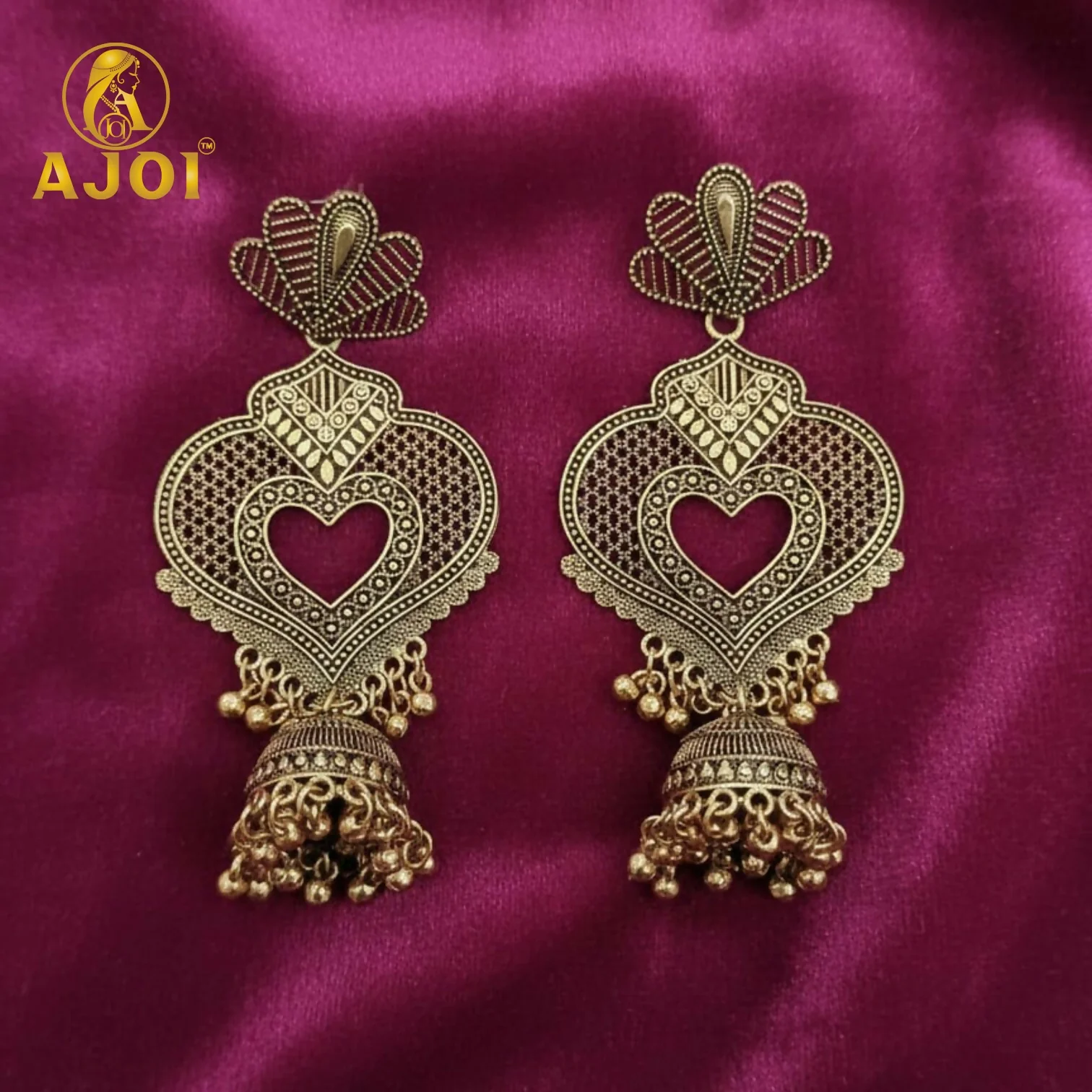 Antique Heart Jhumka Earrings – Premium Gold-Tone Elegant Design - Image 4