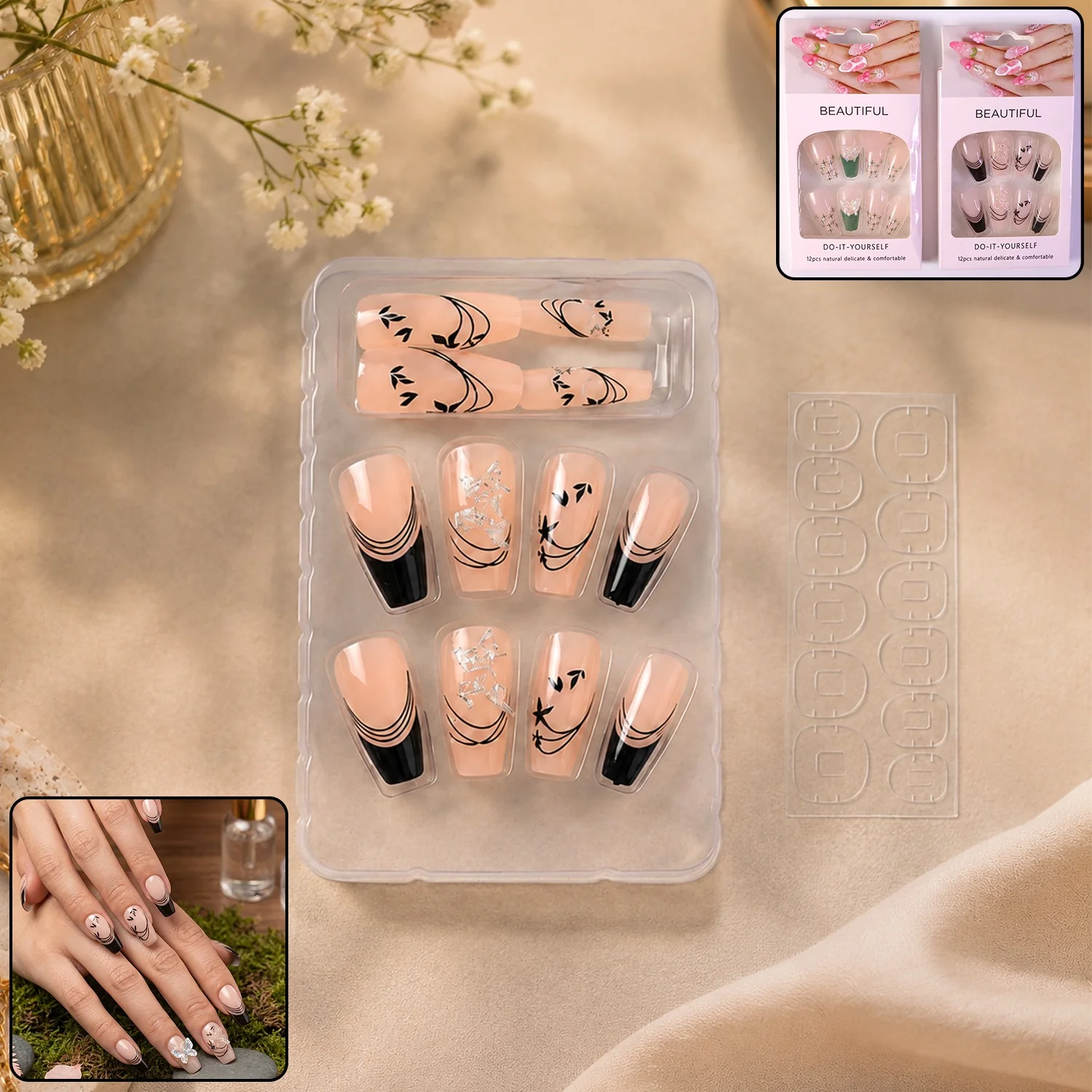 Burgundy Artificial Press-On Nails – Reusable Floral Set