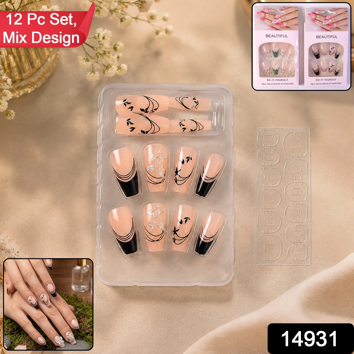 Burgundy Artificial Press-On Nails – Reusable Floral Set - Image 2