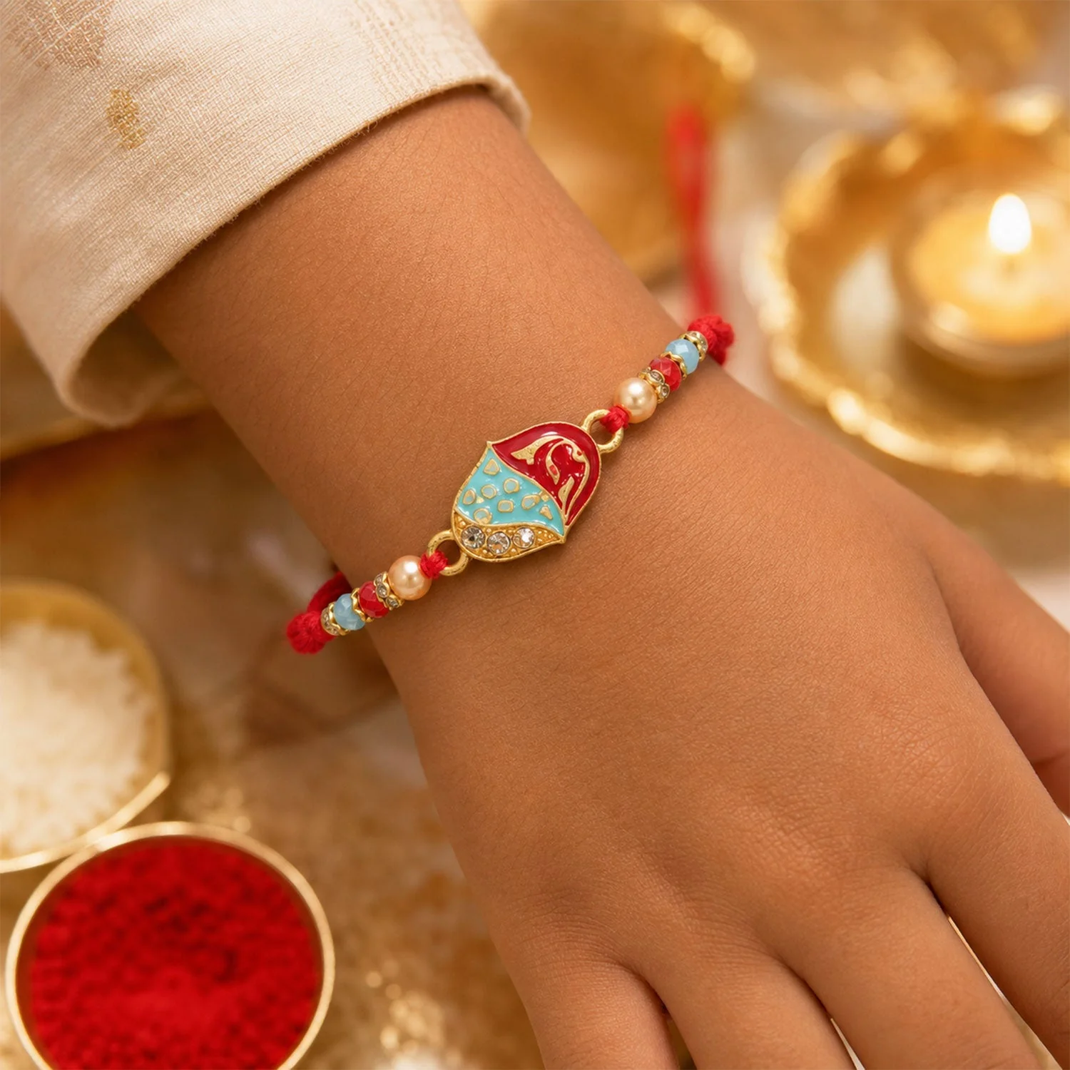 Premium Elegant Meenakari Oval Rakhi with Beadwork – Rakhi for Brother - Image 4