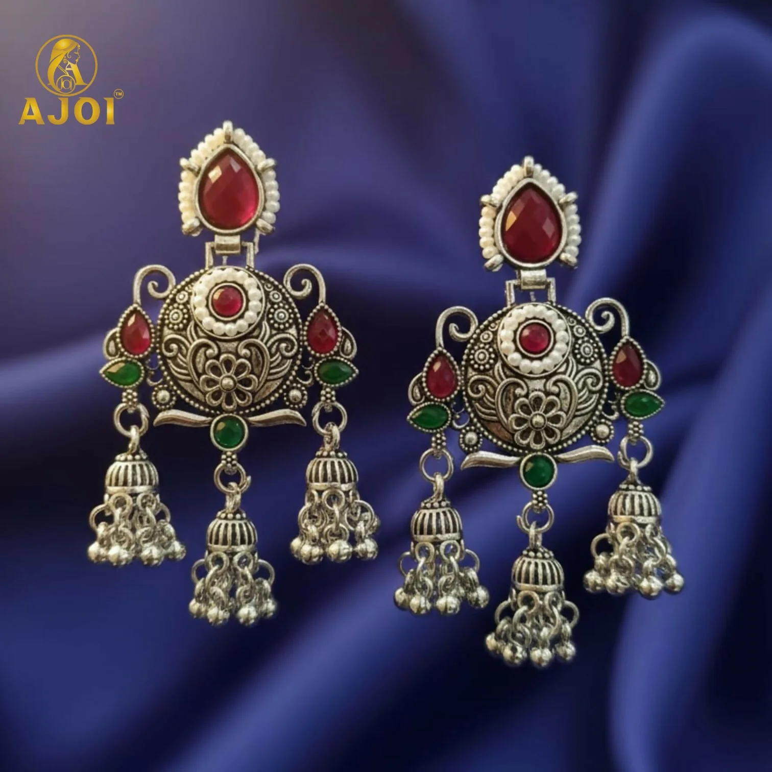 Ruby Chandbali Earrings – Ethnic Designer Jhumka with Pearls - Image 4
