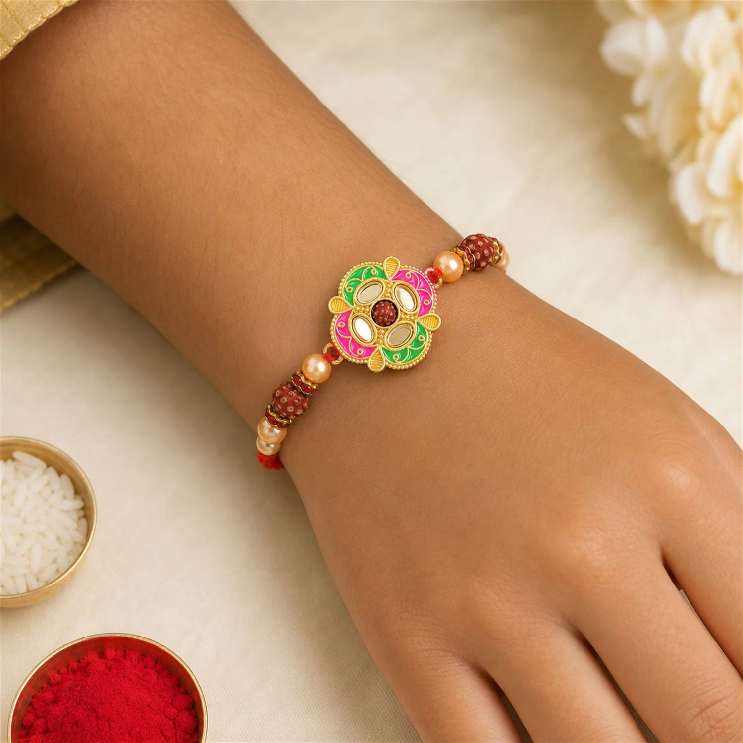 Premium Floral Stone Studded Designer Premium Traditional Rakhi for Brother - Image 2
