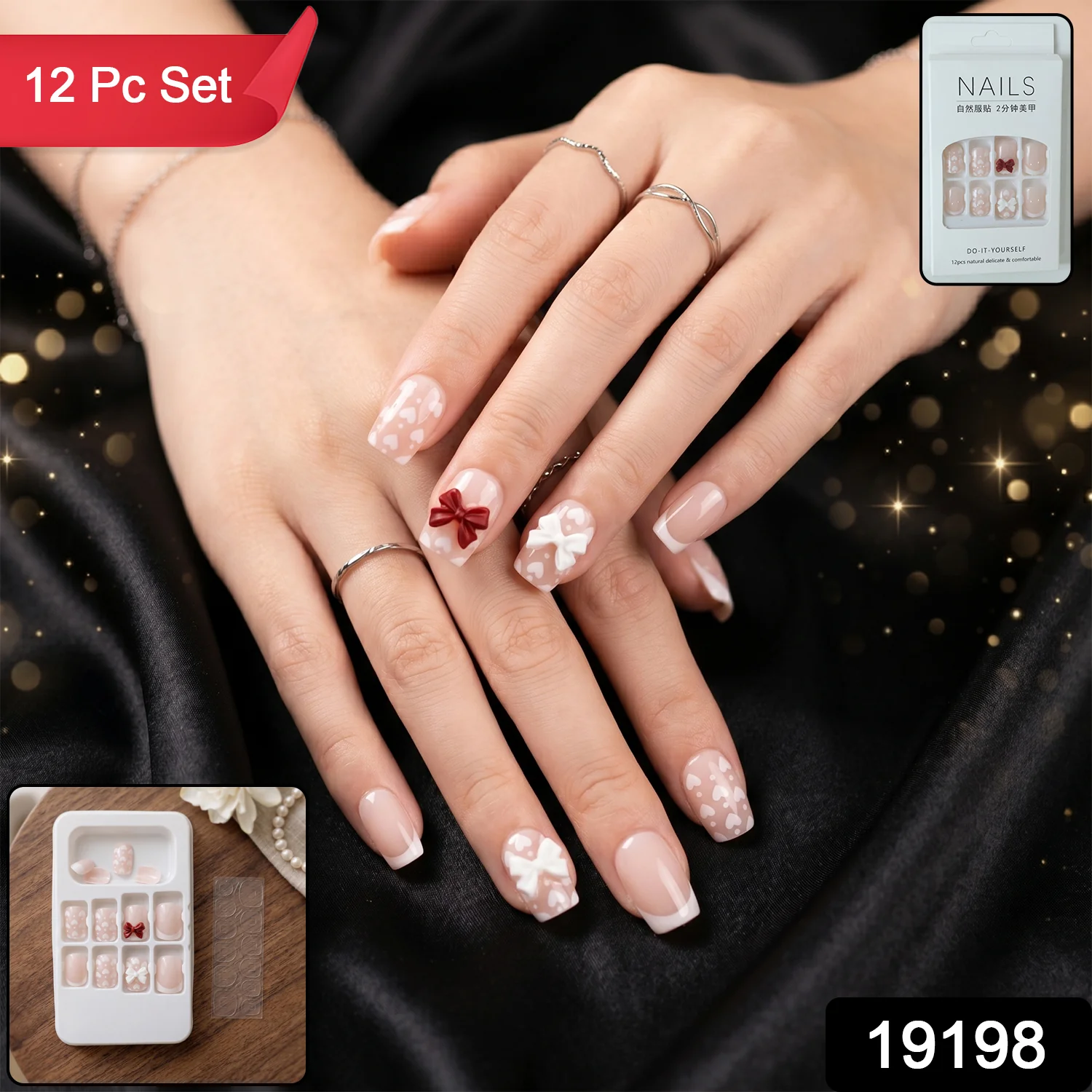 Press-On Nail Tips – Glitter 3D Floral Design with Strong Glue - Image 2