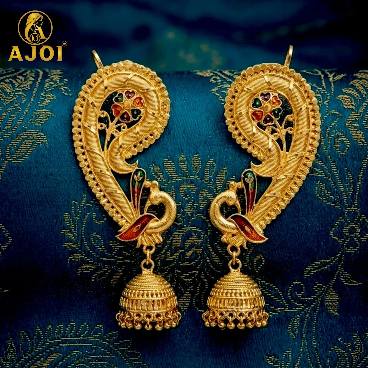 Peacock Paisley Jhumka Earrings – Exquisite Gold-Plated Design - Image 3