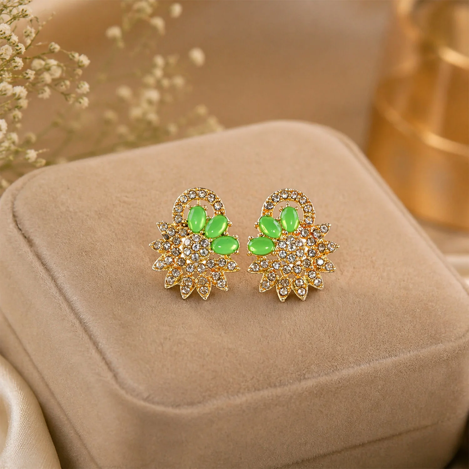 Green Stone Floral Necklace Set – Elegant Traditional Jewellery - Image 3