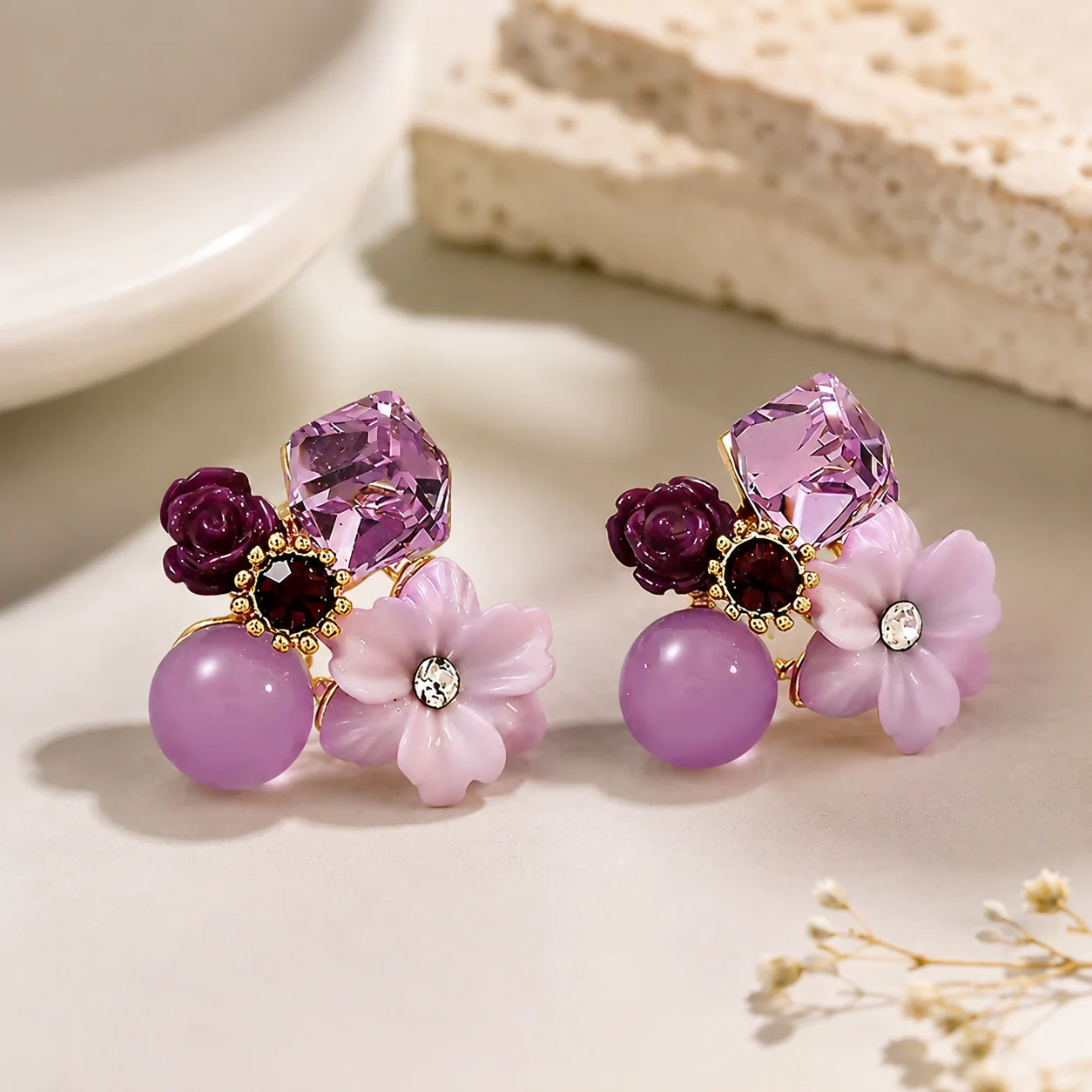 Premium Korean Floral Crystal Stud Earrings for Women Purple Flower