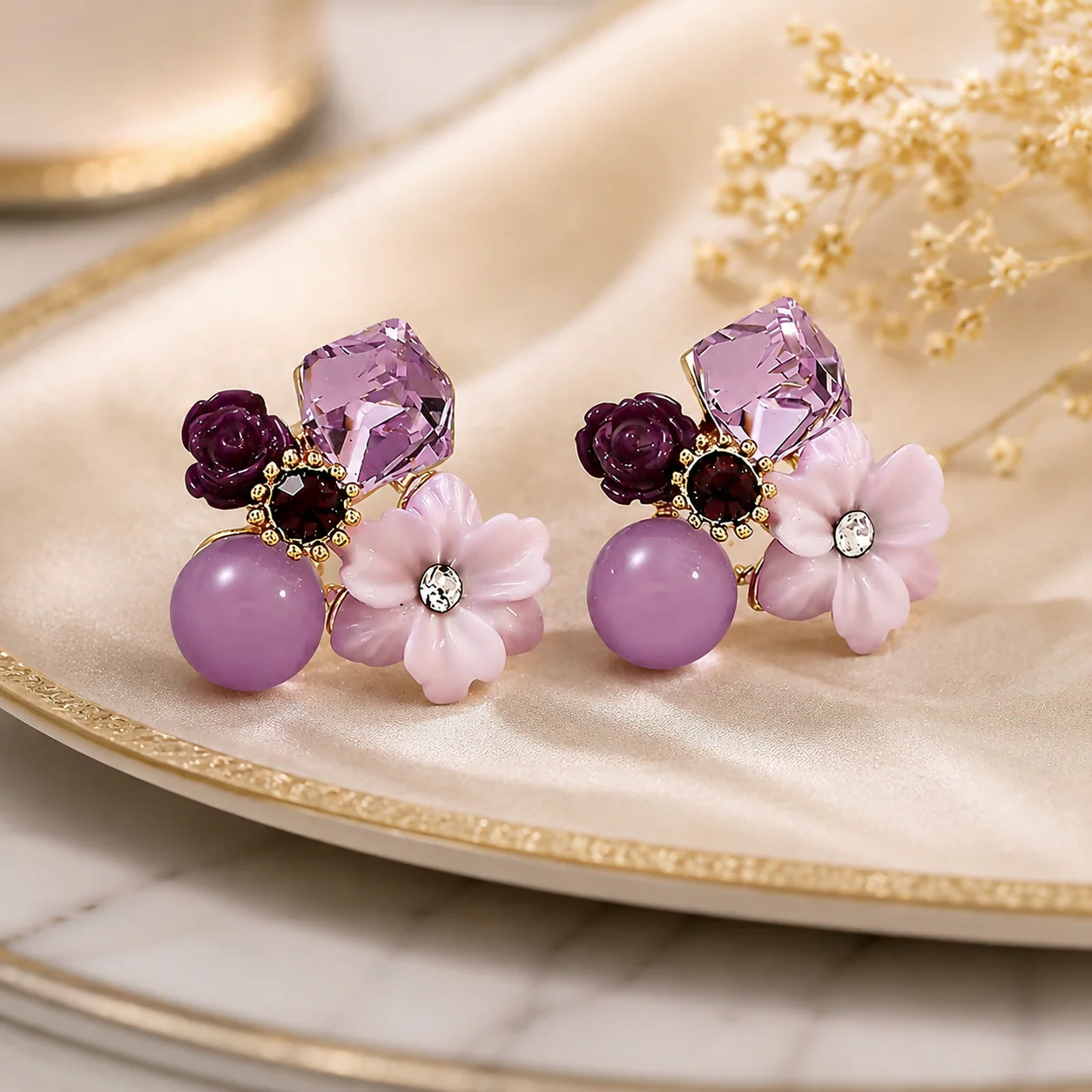 Premium Korean Floral Crystal Stud Earrings for Women Purple Flower - Image 2