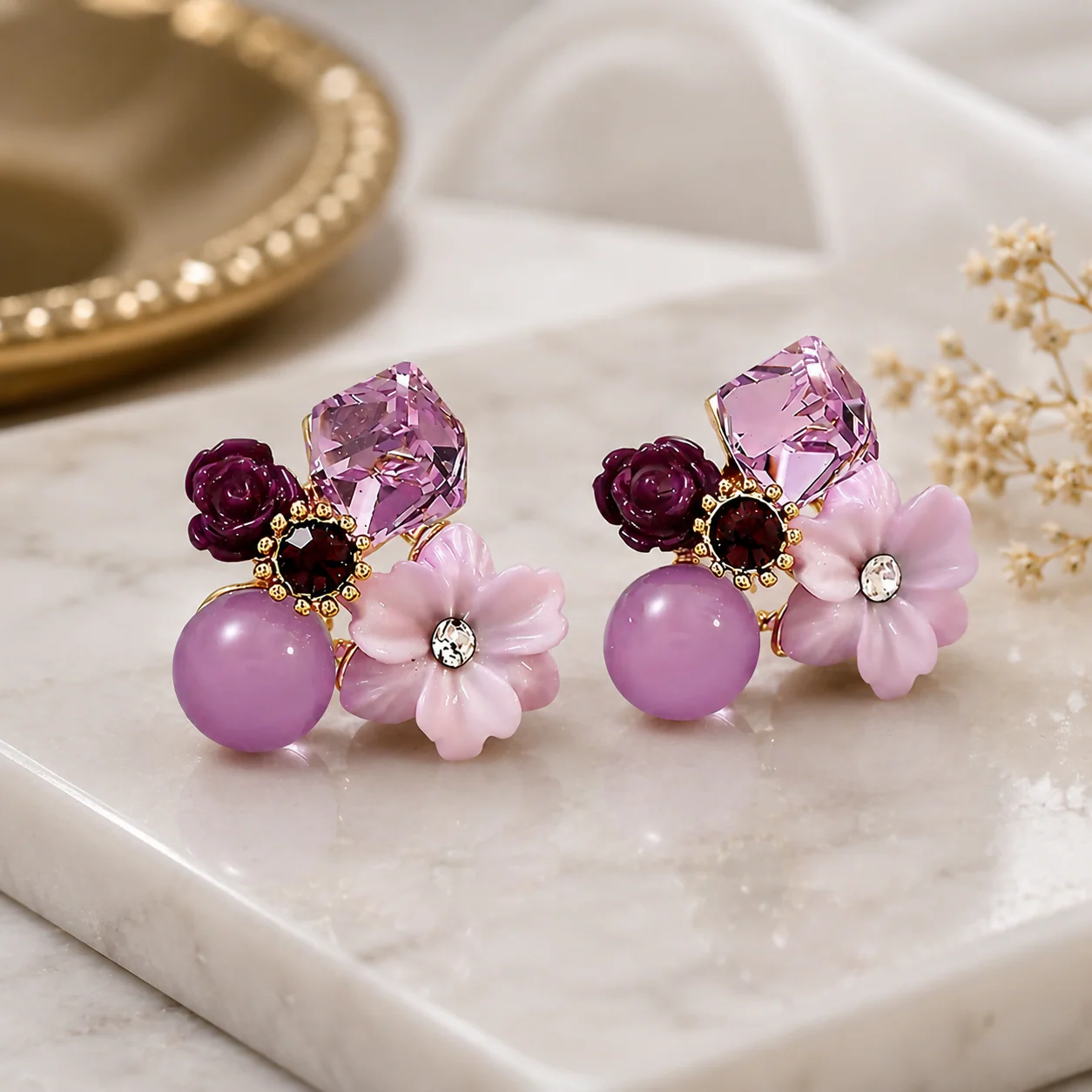 Premium Korean Floral Crystal Stud Earrings for Women Purple Flower - Image 3