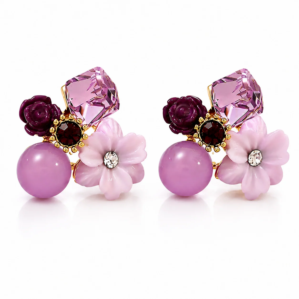 Premium Korean Floral Crystal Stud Earrings for Women Purple Flower - Image 4