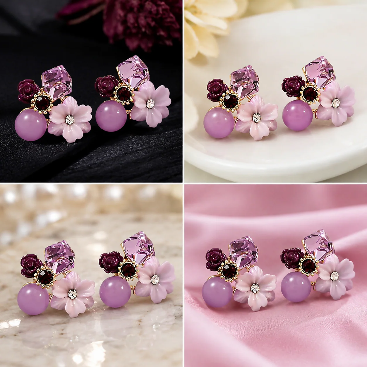 Premium Korean Floral Crystal Stud Earrings for Women Purple Flower - Image 5