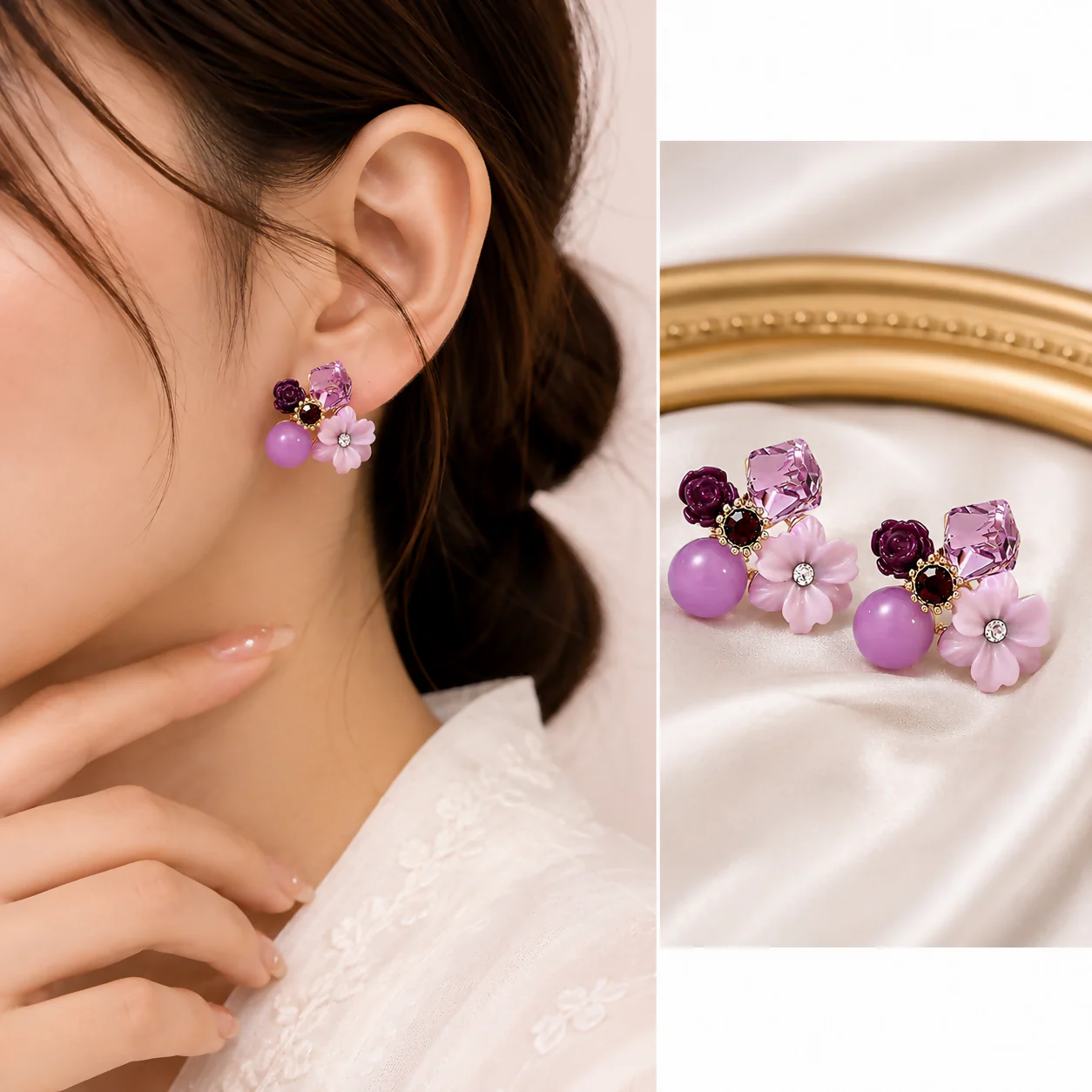 Premium Korean Floral Crystal Stud Earrings for Women Purple Flower - Image 6