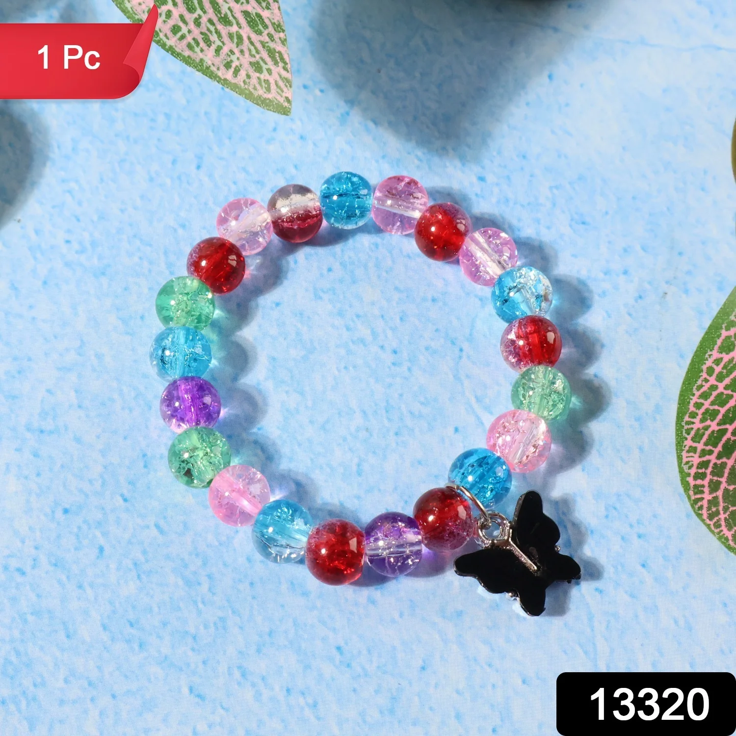 Crackle-Bead Stretch Bracelet – Vibrant Multicolor with Butterfly Charm - Image 2