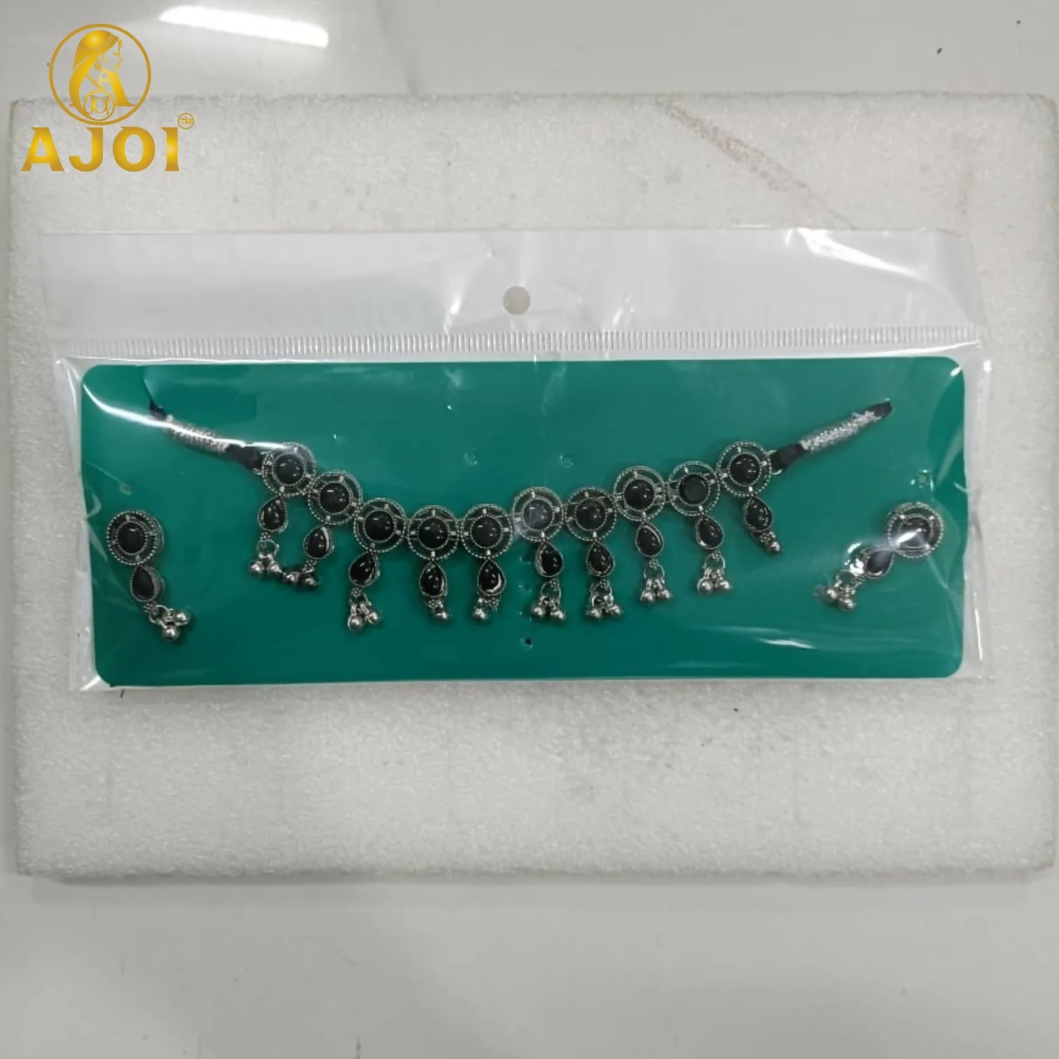 Premium Oxidised Silver-Plated Black Stone Choker Necklace Set - Image 5