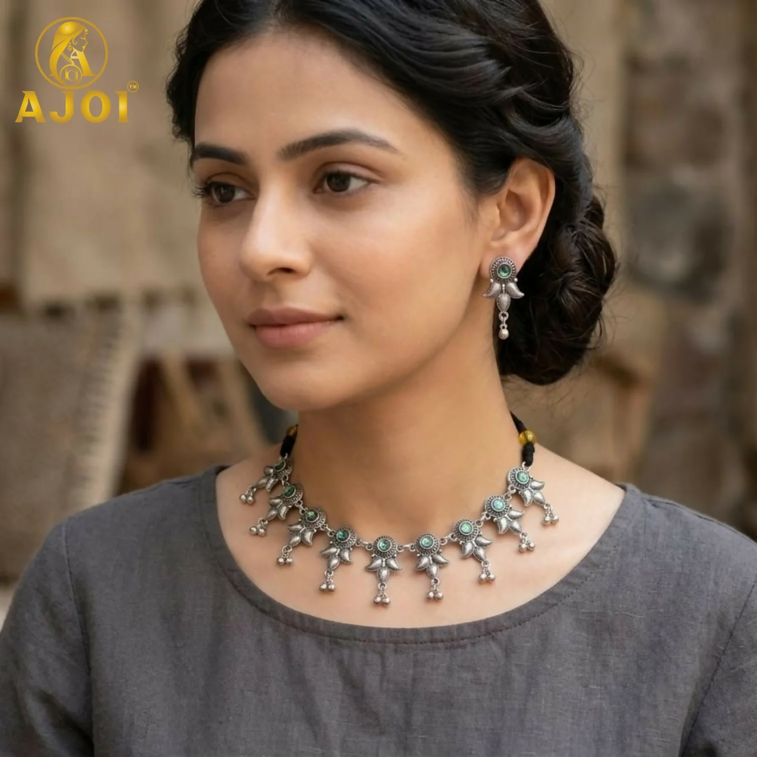Premium Oxidised Silver-Plated Evil Eye Choker Necklace Set - Image 2