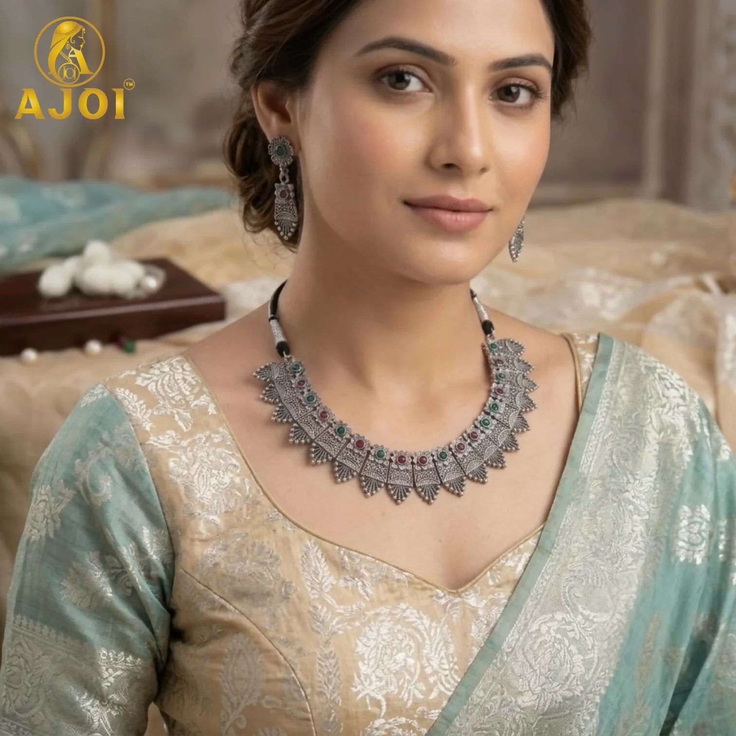 Premium Oxidised Silver-Plated Ruby Stone Choker Necklace Set - Image 2