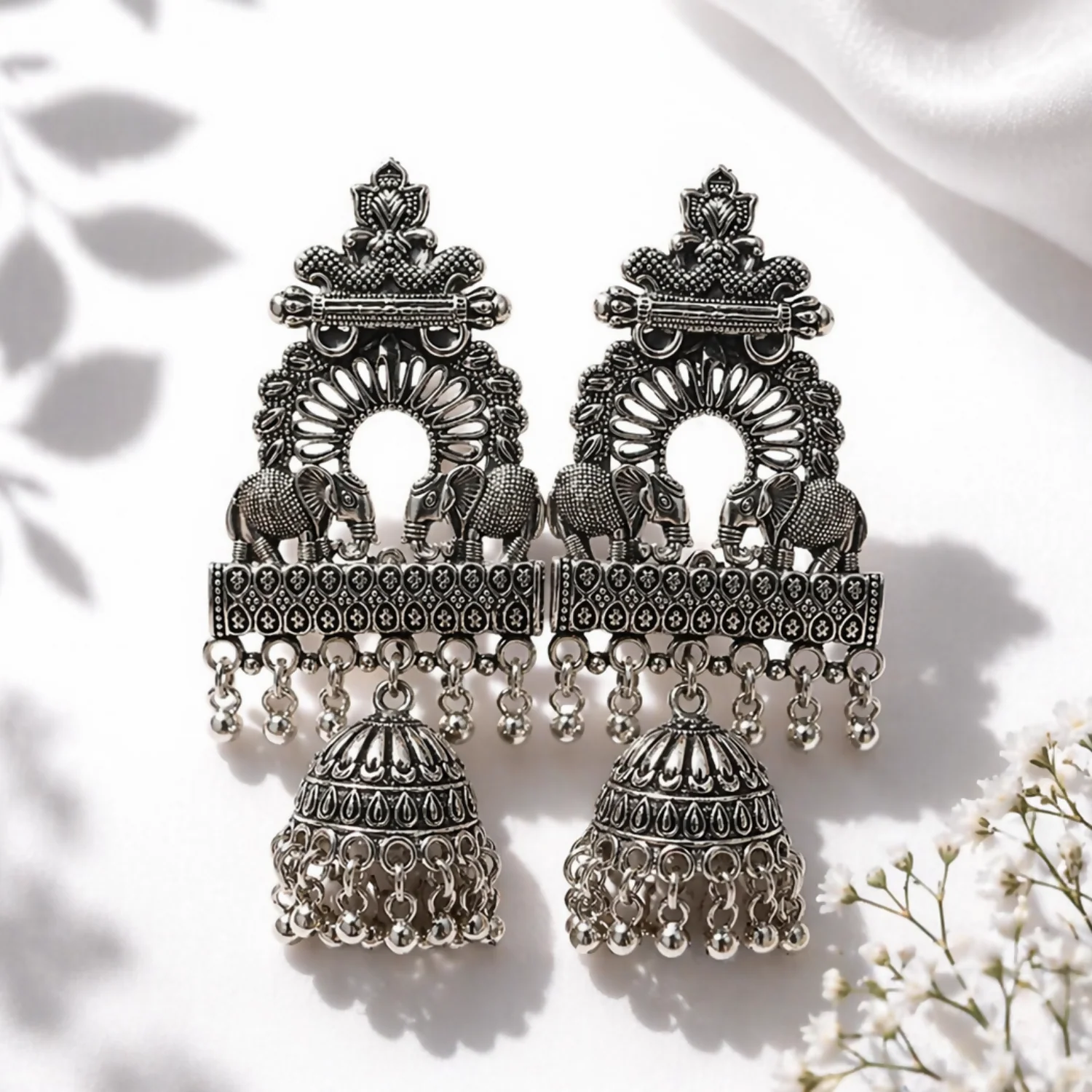 Oxidized Silver-Jhumka Earrings – Elegant Ethnic Statement - Image 3